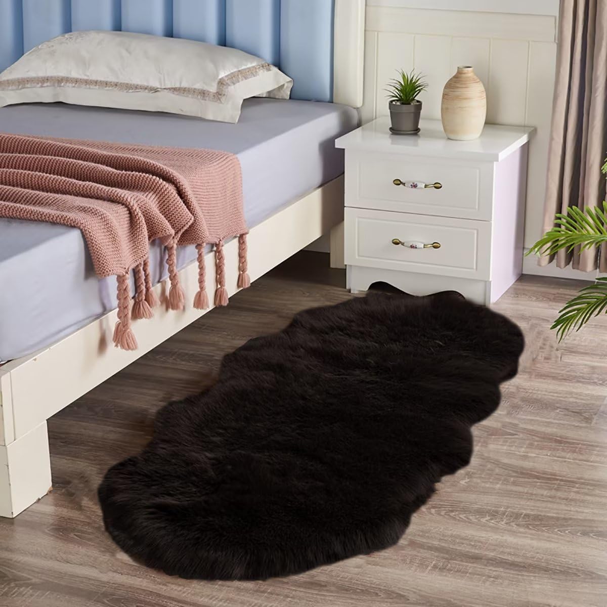 Yefound Faux Fur Rug - Fluffy Shaggy Area Rug, 2 x 6 Feet, Ultra Soft Sheepskin, Red Fuzzy, Black Shag, Home Decor Throw for Bedroom, Living Room