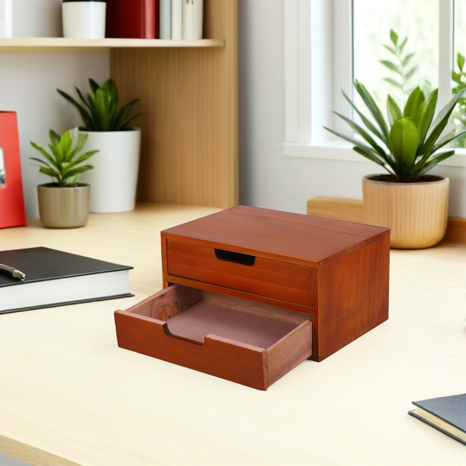 Schreibtisch Organizer mit 2 Schubladen, Braun, Vintage | Doppellagige Ausführung, Kompakte Aufbewahrungseinheit für Büro und Bastelzubehör, Rustikale Optik