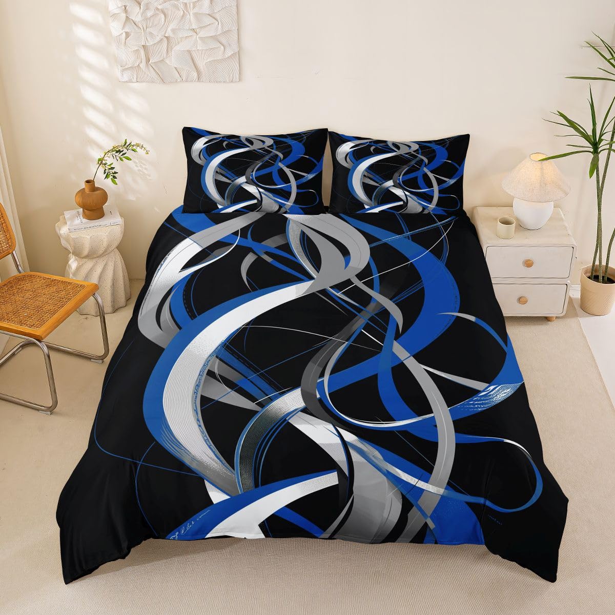 Housse de couette 200x200cm bleu noir anti-glissement avec fermeture éclair pour lit double