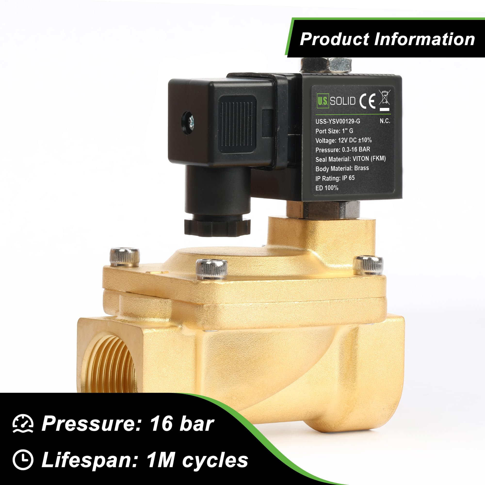 U.S. Solid Elettrovalvola a solenoide in ottone 1" G – 12V DC, 0,3–16 bar, normalmente chiusa, guarnizione VITON, funzionamento pilotato