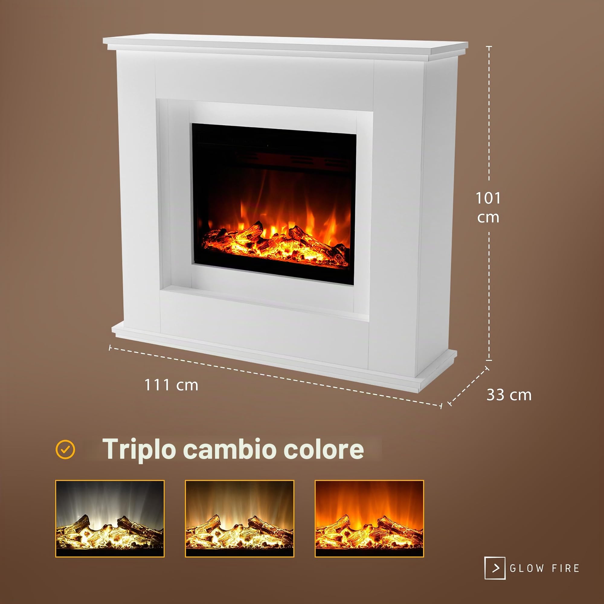 GLOW FIRE EUROPA Stufa Elettrica a Pavimento - Caminetto Elettrico con Riscaldamento, Fuoco LED in 3 Colori, Ventola, Decorazione in Legno, Telecomando, 111x101x33 cm, Bianco