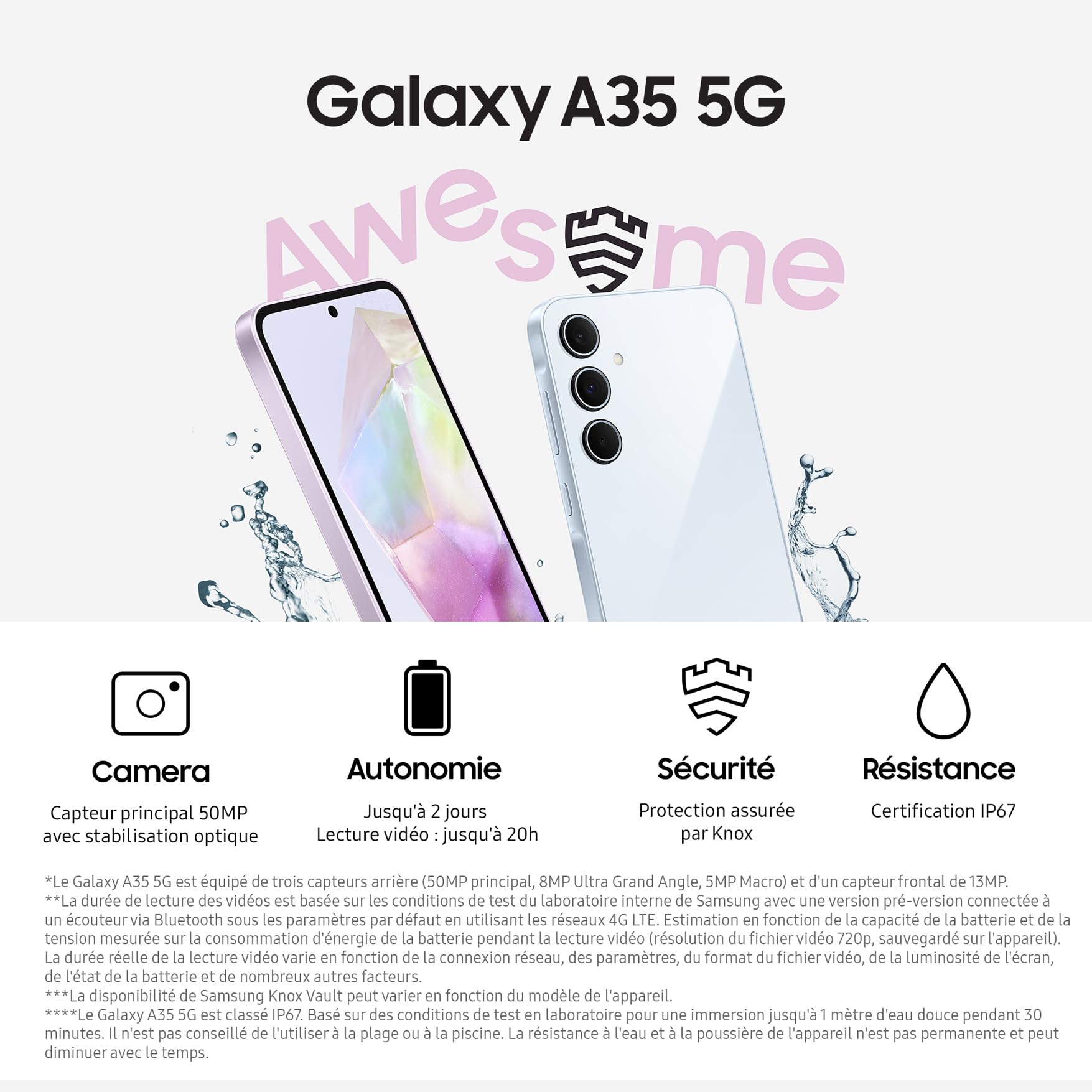 Samsung Galaxy A35 5G, Smartphone Android, 128 Go, Chargeur Secteur Rapide 25W Inclus [Exclusivité Amazon], Smartphone déverrouillé, Lilas, Version FR