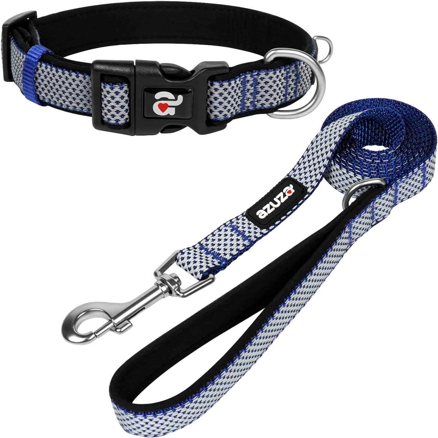 azuza Reflective Dog Collar and Leash Set, Padded Collar