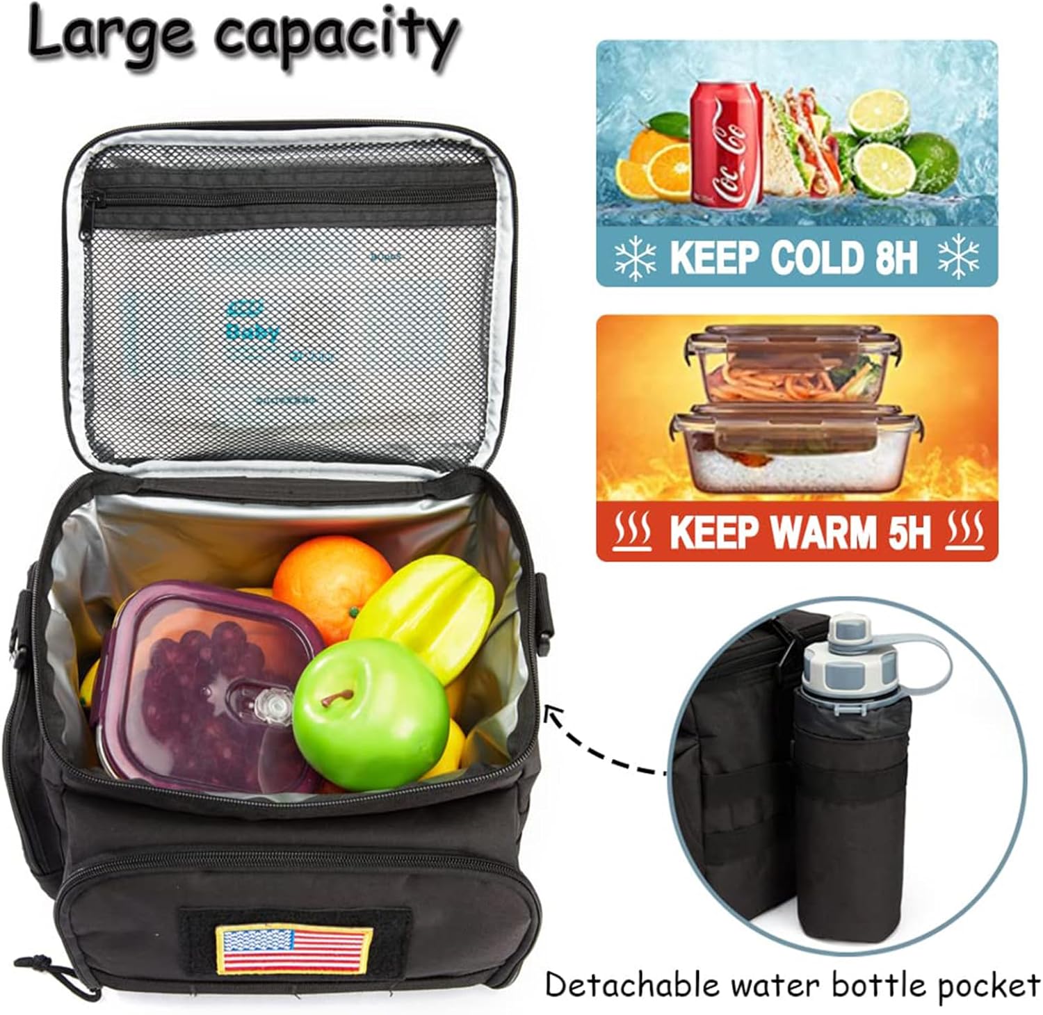 MOV COMPRA Tactical Lunch Bag for Men, Insulated Lunch Box Leakproof for Men Large Capacity with MOLLE Water Bottle Pouch Lunchbox for Adults for Work, Picnic（Black）
