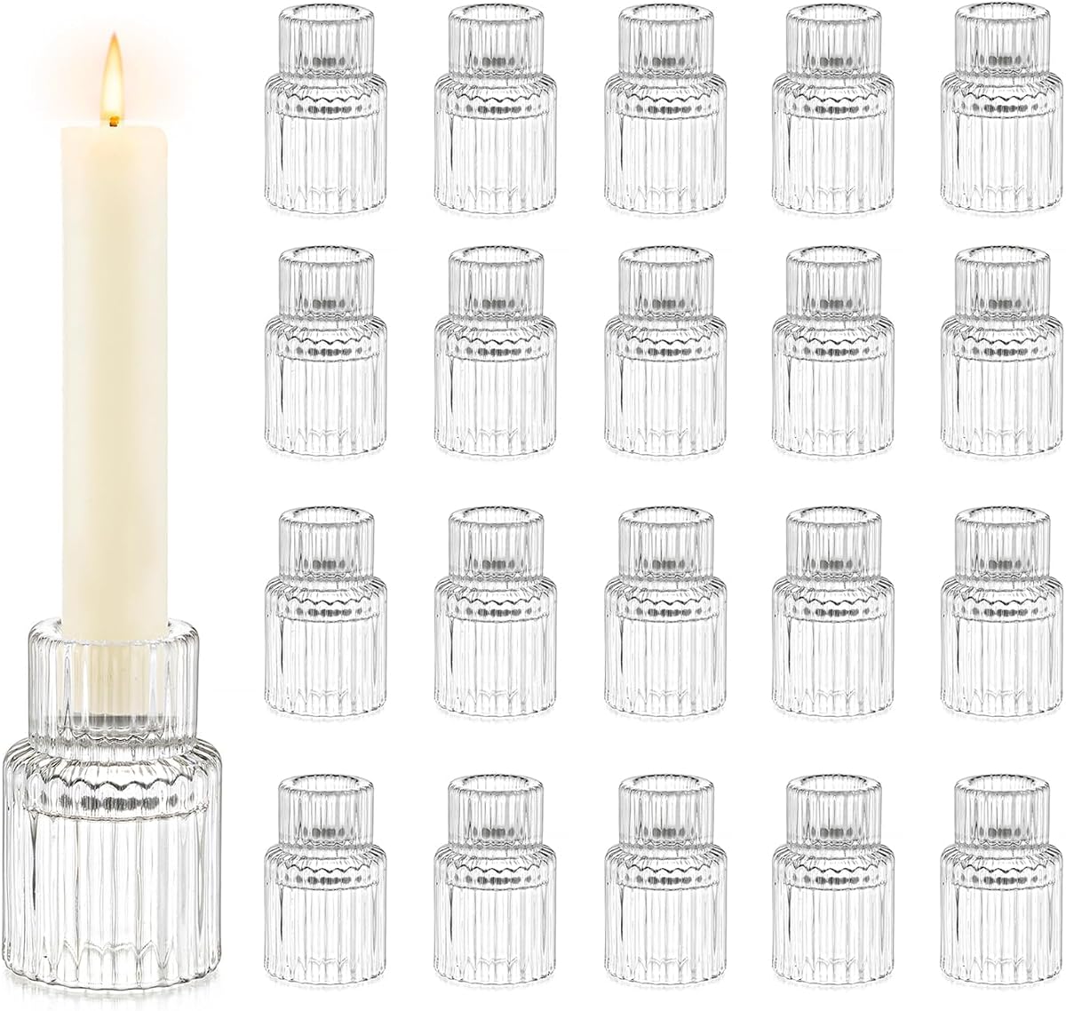 Hewory Taper Candle Holders Bulk, 20PCS Clear Glass Candlestick Holders | For 0.86" Taper Candles, Ribbed Candle Sticks Holder Decor, Wedding Table Centerpiece Bridal Showers Christmas Home Decor