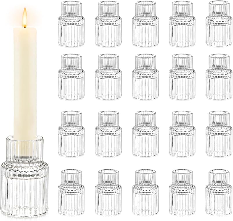 Hewory Taper Candle Holders Bulk, 20PCS Clear Glass Candlestick Holders | For 0.86" Taper Candles, Ribbed Candle Sticks Holder Decor, Wedding Table Centerpiece Bridal Showers Christmas Home Decor