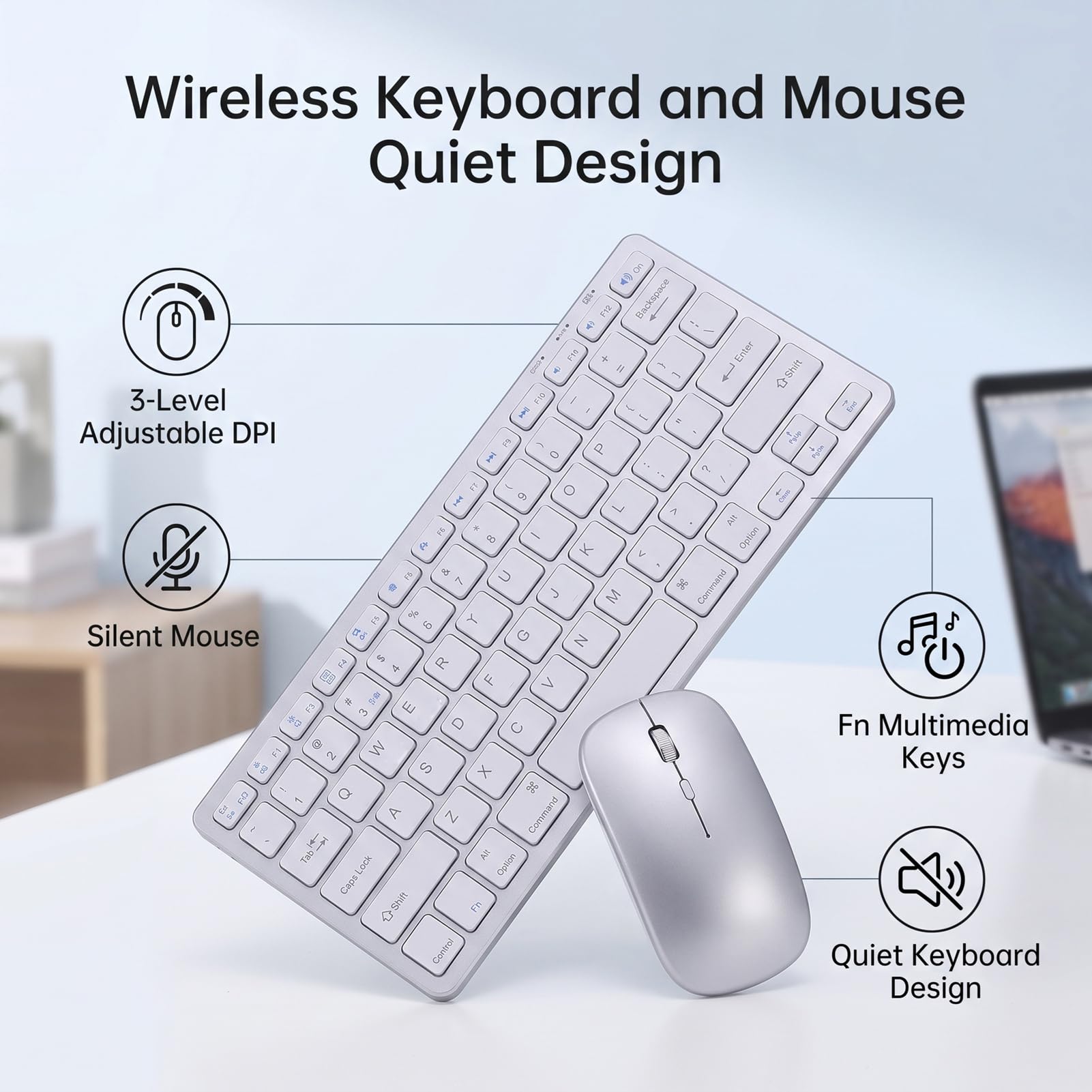 Denash Tastiera e Mouse Wireless, Tasti Silenziosi, 3 Livelli DPI