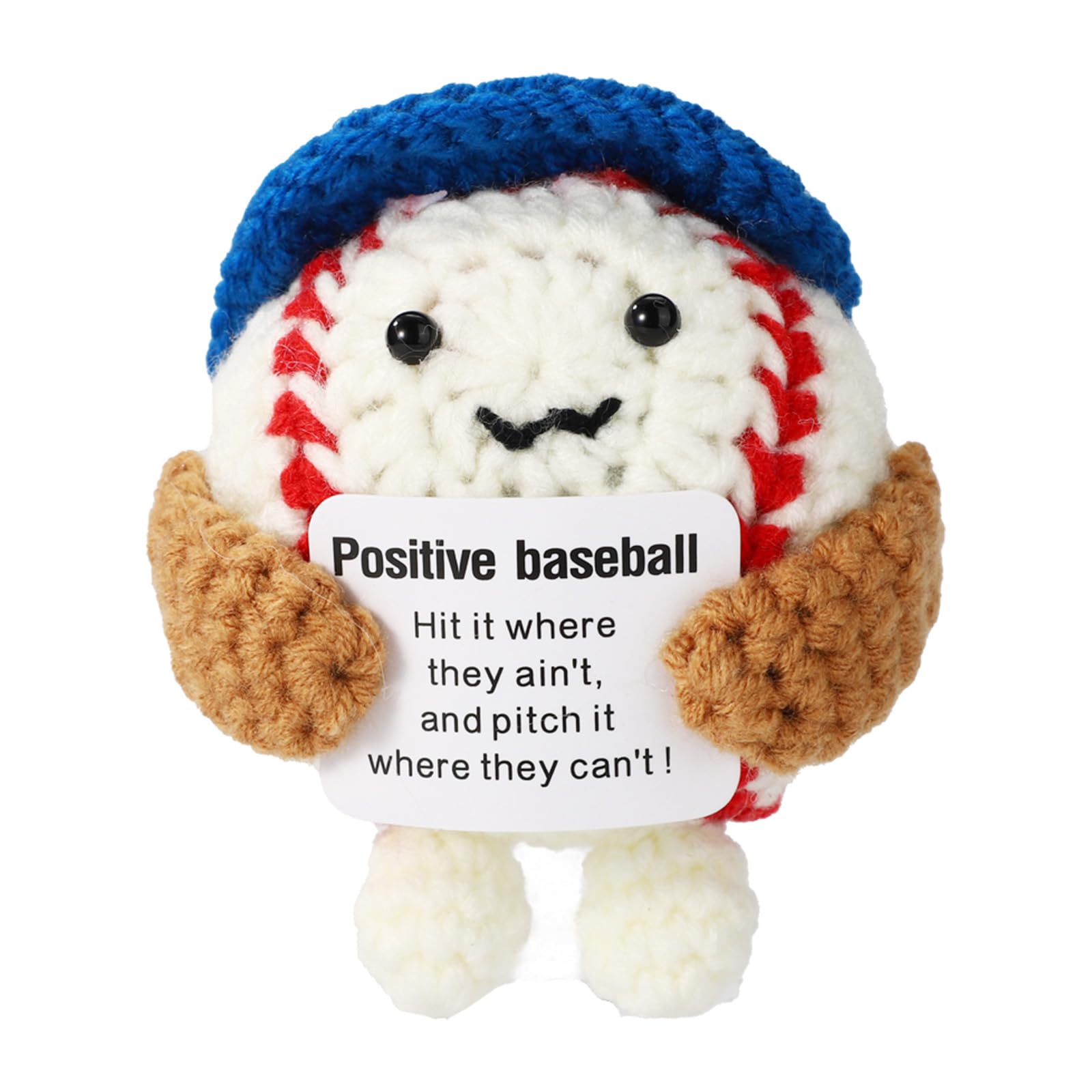 TOYMIS Emotional Crochet Baseball, 3.54in Handmade Positive Baseball Crochet Doll Wearing Blue Hat with Inspirational Support Card Cute Encouragement Knitted Doll Motivational Gift