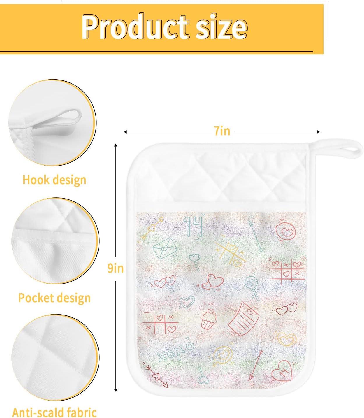 5PCS Pot Holders with Pocket for Kitchen, Valentines Pot Holder Set Heat Insulation Potholders, Love Heart Cake Arrow Math Ombre Oven Mitts Hot Pads for Baking Cooking Barbecue