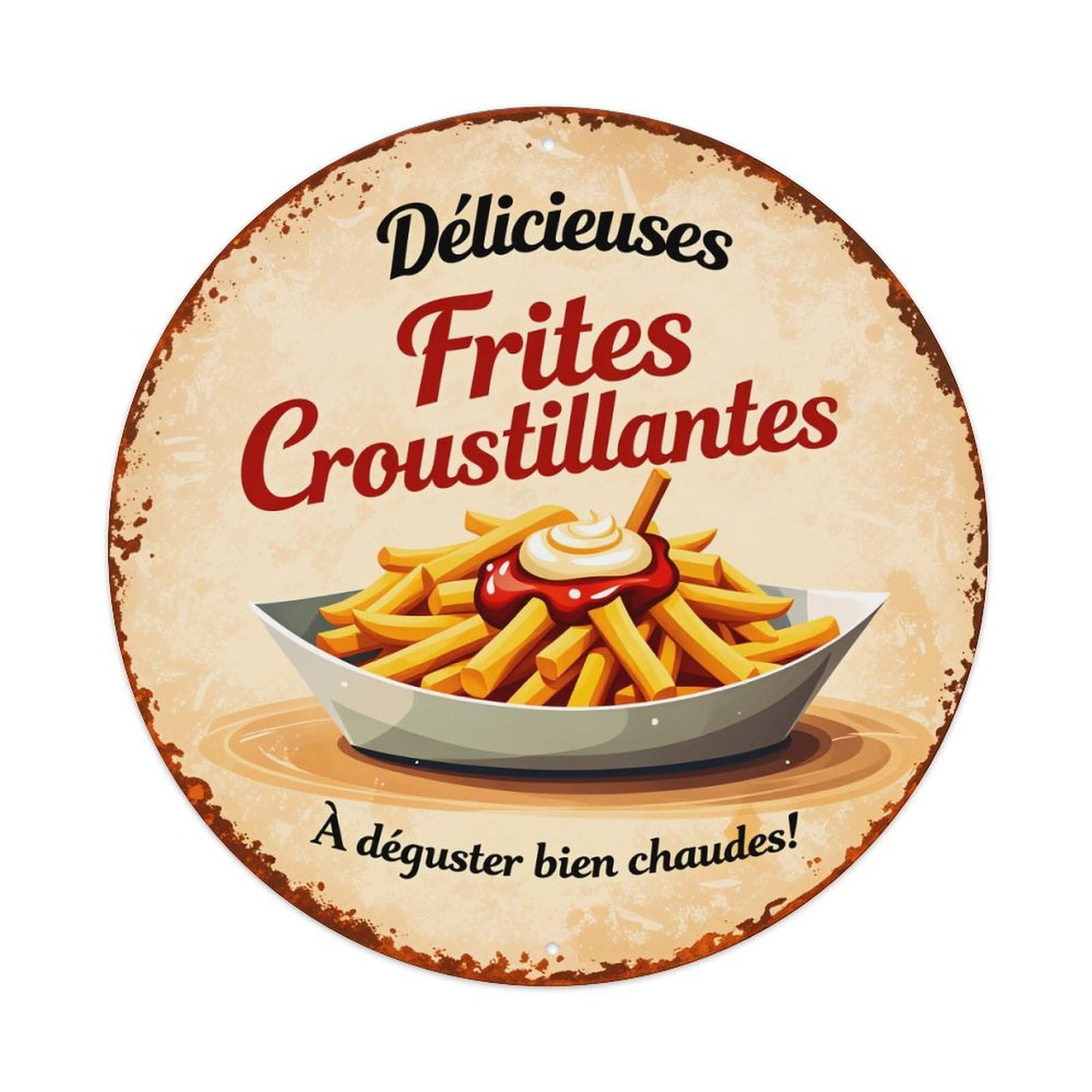 Crispy Fries Delicious Hot Sauce Round Tin Sign Vintage Style Metal Sign Home Bar Garden Wall Plaque Decor Metal Poster 8x8 Inch