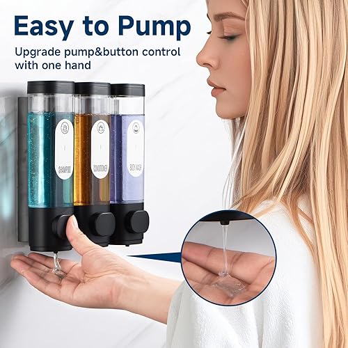 Miniatura 4 de Dispensador de champú y acondicionador, dispensador de jabón de ducha, 3 cámaras, sin taladro, dispensador de champú para ducha, botella montada en