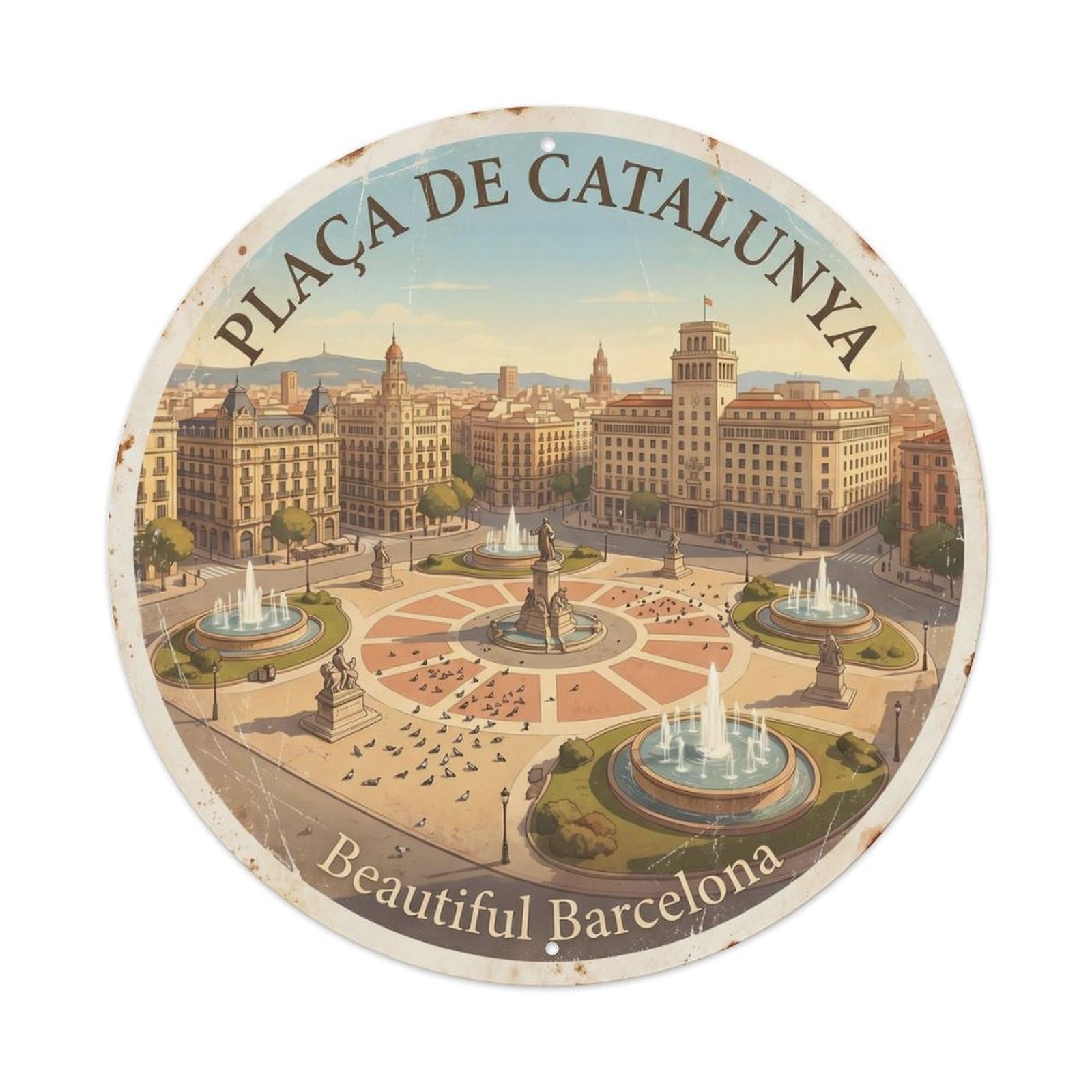 Barcelona Placa Catalunya Vintage City Square Travel Metal Tin Sign Plaque Wall Decor for Cafe, Man Cave, Club Bar, Office, Home Garden Round Metal Poster 8x8Inch