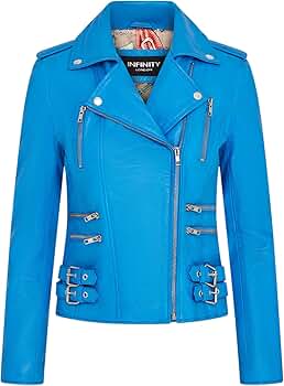 Ladies Retro Blue 100% Nappa Leather Biker Jacket at Amazon
