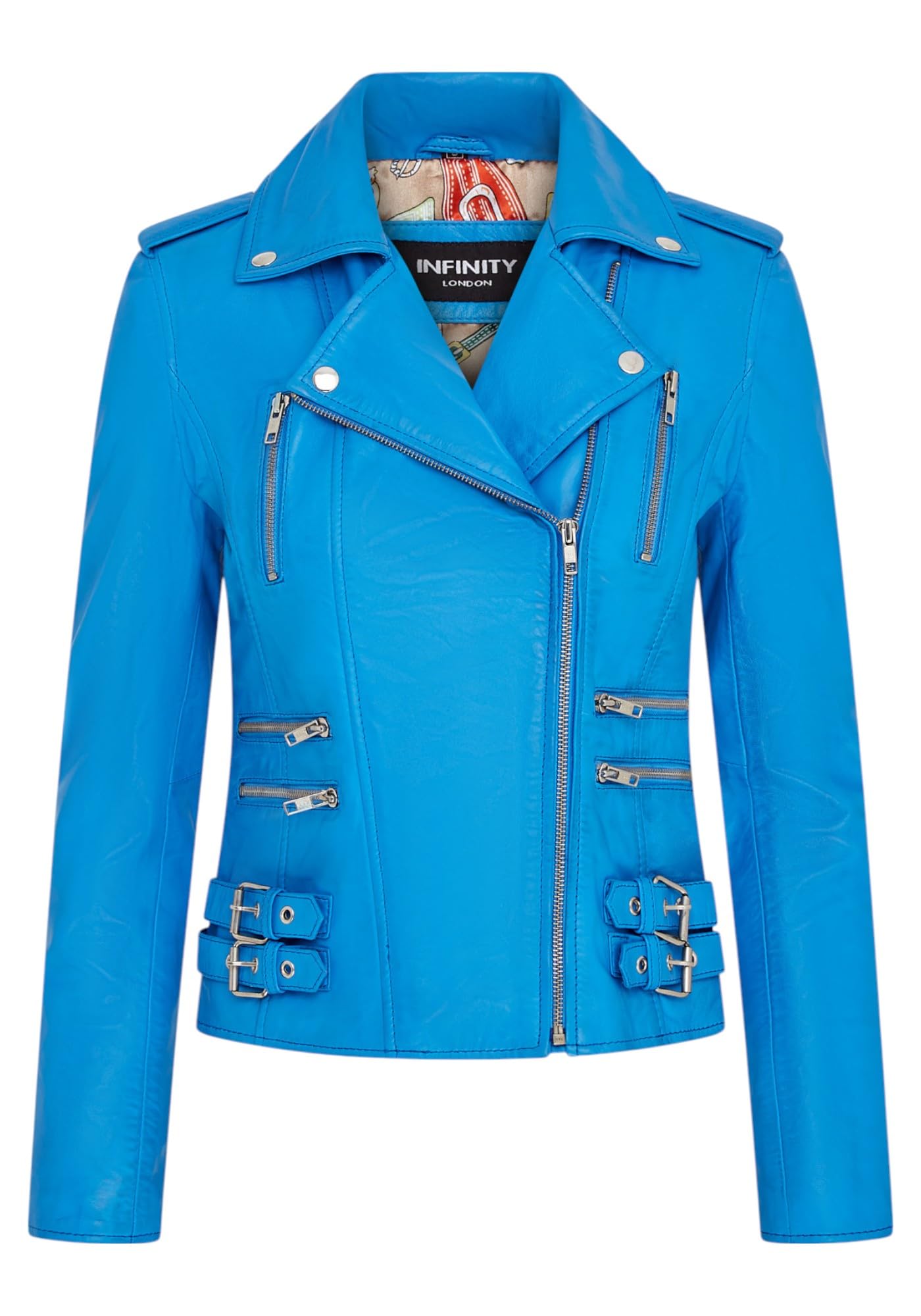 Ladies Retro Blue 100% Nappa Leather Biker Jacket at Amazon