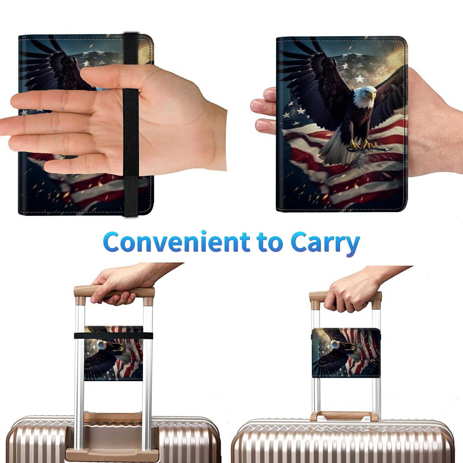 Combo de tarjetero para pasaporte y vacunación, piel sintética, bloqueo RFID, funda para pasaporte para mujer, funda de cuero con banda elástica, con bolígrafo, multicolor/fantasía (American Flag