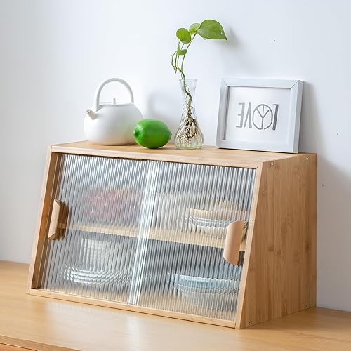 Tiita Armario pequeño de despensa de cocina, aparador de bambú con puertas de vidrio, armario de despensa de alimentos para cocina, sala de estar y