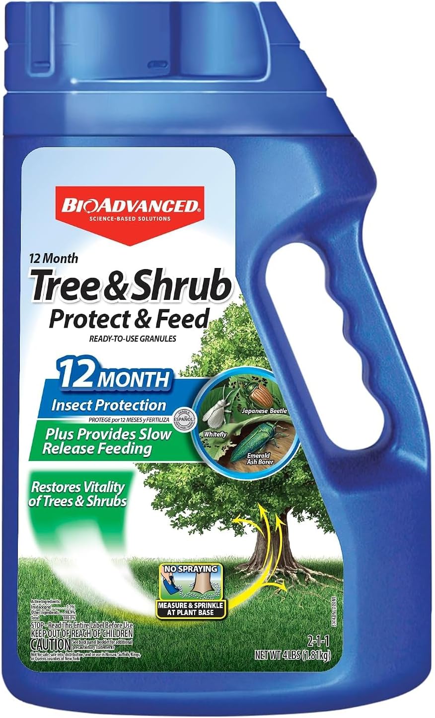 BioAdvanced 12 Month Tree and Shrub Protect and Feed, Granules, 4 lb, Insect Killer, Tree Fertilizer & Plant Food | Apply & Water In - Insect Control and Plant Food - Up to 12 Months Protection