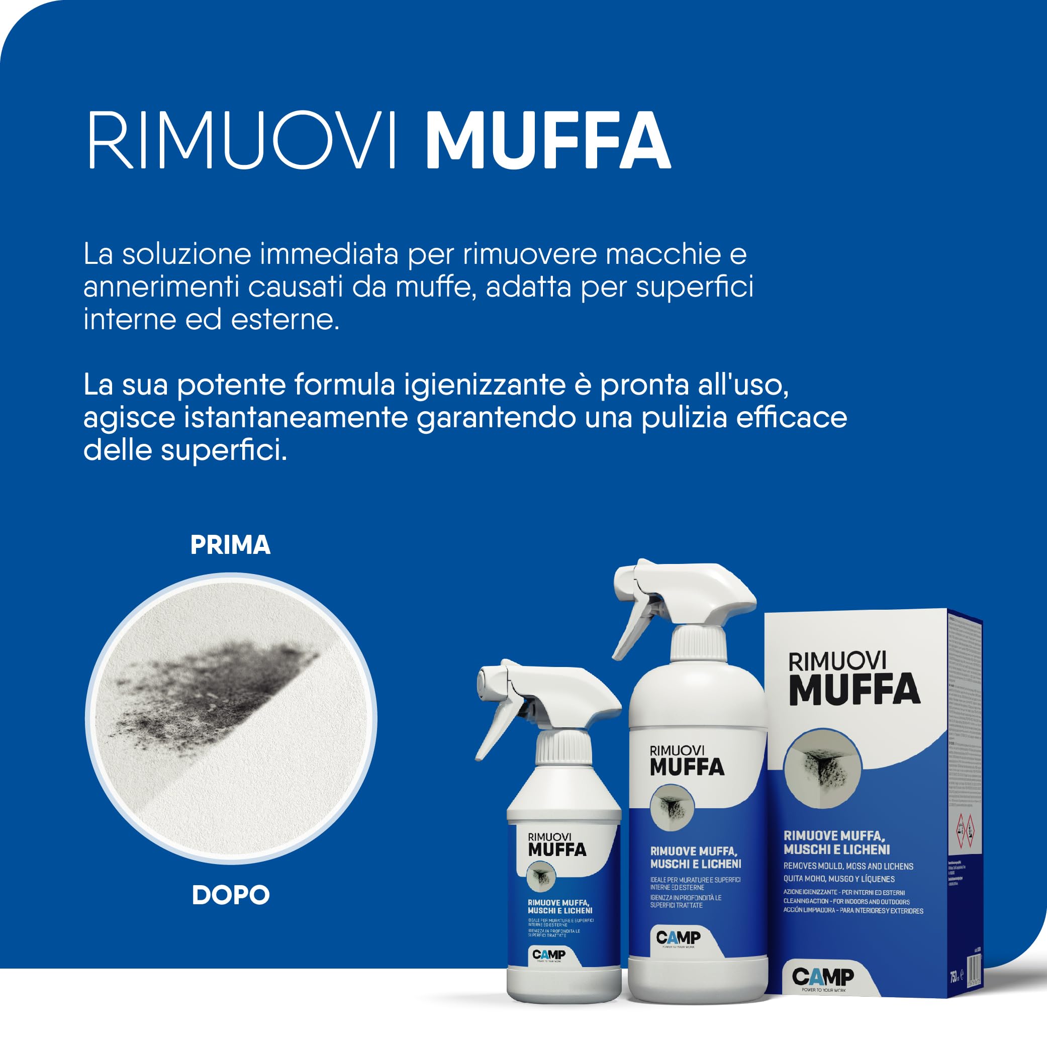 CAMP Trattamento Completo Rimuovi Muffa, 300 ml + Muffa Control Risanante, 1 L - Rimuove rapidamente muffe, muschi e licheni, Risana le superfici, Efficacia Duratura