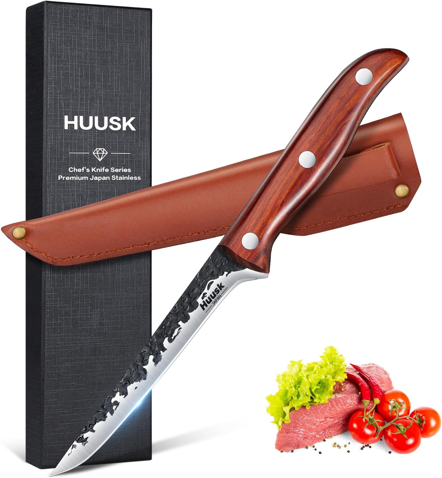 Huusk Boning Knife for Meat Cutting Deboning Butchering,Japanese Fillet Knives with Sheath,Brisket Trimming Knife,Full Tang Hand Forged Camping BBQ 5 Inch Gift for Dad