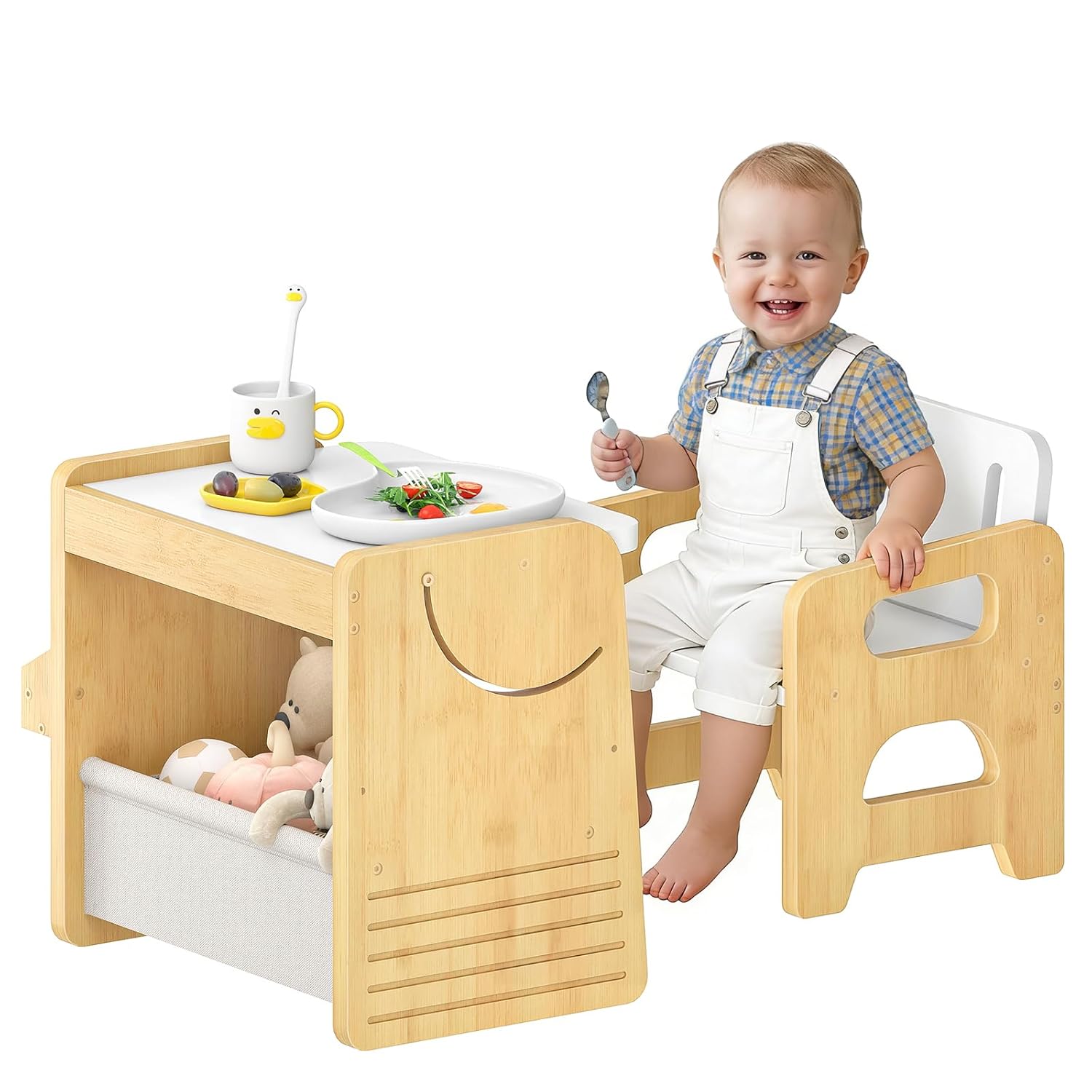 HOOBRO Kids Table and Chair Set, Bamboo Toddler Table and Chair Set, Weaning Baby Table Chair Set for Age 1-3, Two-Sided Flip Tabletop, Kids Funiture for Reading Eating Playing Natural YW30KT01