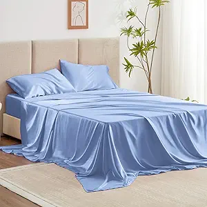 Love's cabin Satin Queen Sheets Set - 4 Piece Sky Blue Silky Bed Sheets with Deep Pocket, Luxury Silk Feel Satin Queen Size Sheet Set (1 Flat Sheet,1 Fitted Sheet,2 Pillow Cases)