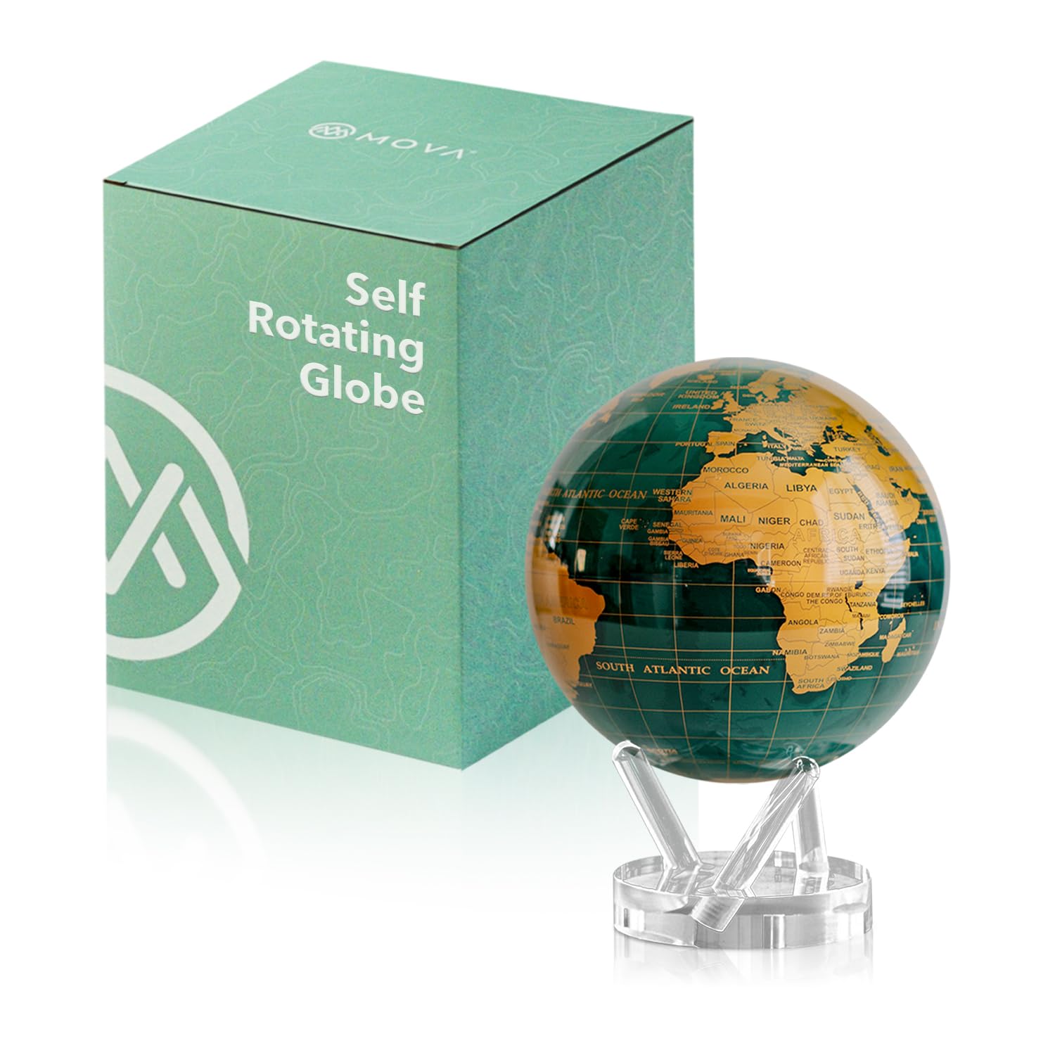 Mova Multicolored Globe - Emerald Green And Gold Prestige (8.5") | Solar-Powered Rotating Globe | Desk Decor With Stand | No Batteries Needed | Modern Map Accent For Home Or Office