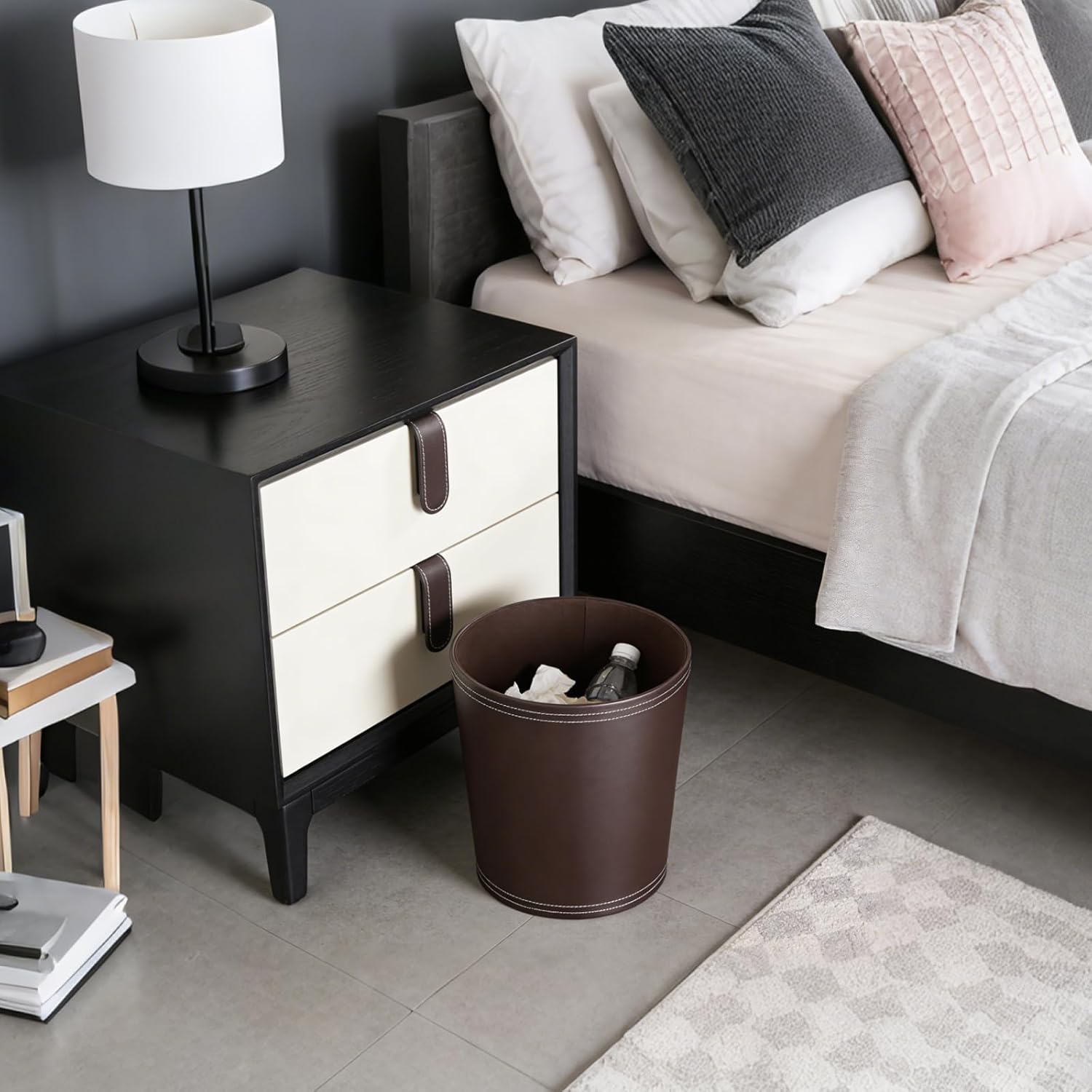 PU Leather Trash Can,Round 2.6-Gallon Wastebasket,Decorative Small Stylish Garbage Can for Home Bedroom & Office,Space-Saving Waste Bin Under Desk (Brown)