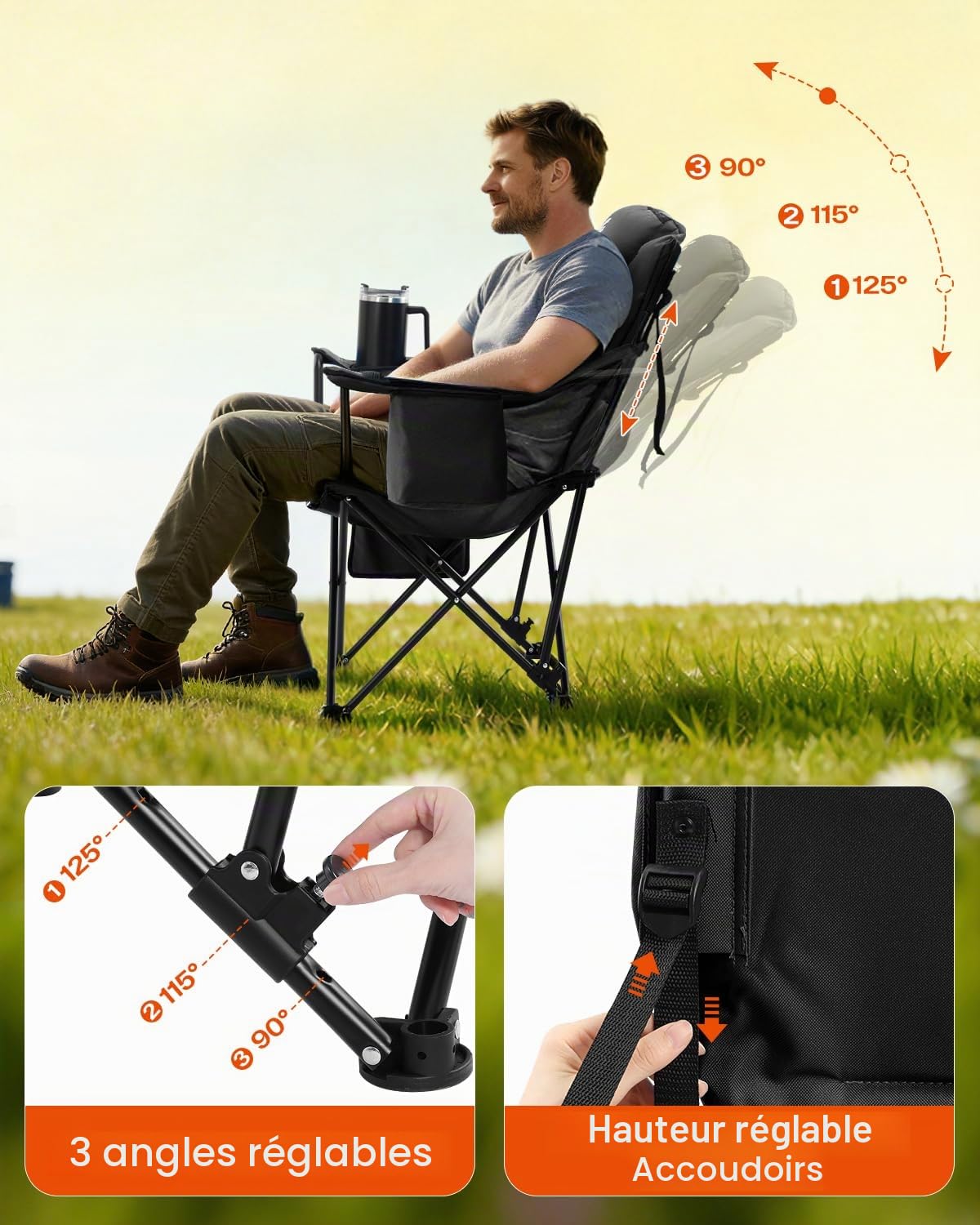 Sportneer Chaise de camping pliante : chaise pliante de camping jusqu'à 160 kg 3 angles réglables Chaise de camping Chaise de pêche avec dossier, appui-tête et sac de transport, chaise pliante camping