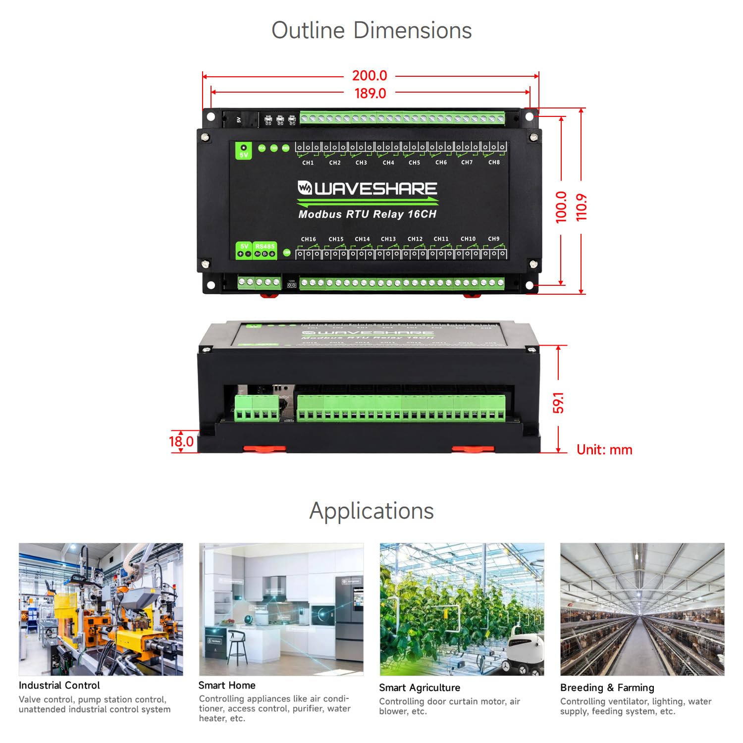 Waveshare Modbus RTU 16-Ch Relay Module, RS485 Interface, with Multiple Isolation Protection Circuits,Apply to Industrial Control,Smart Home,Smart Agriculture,Breeding and Farming