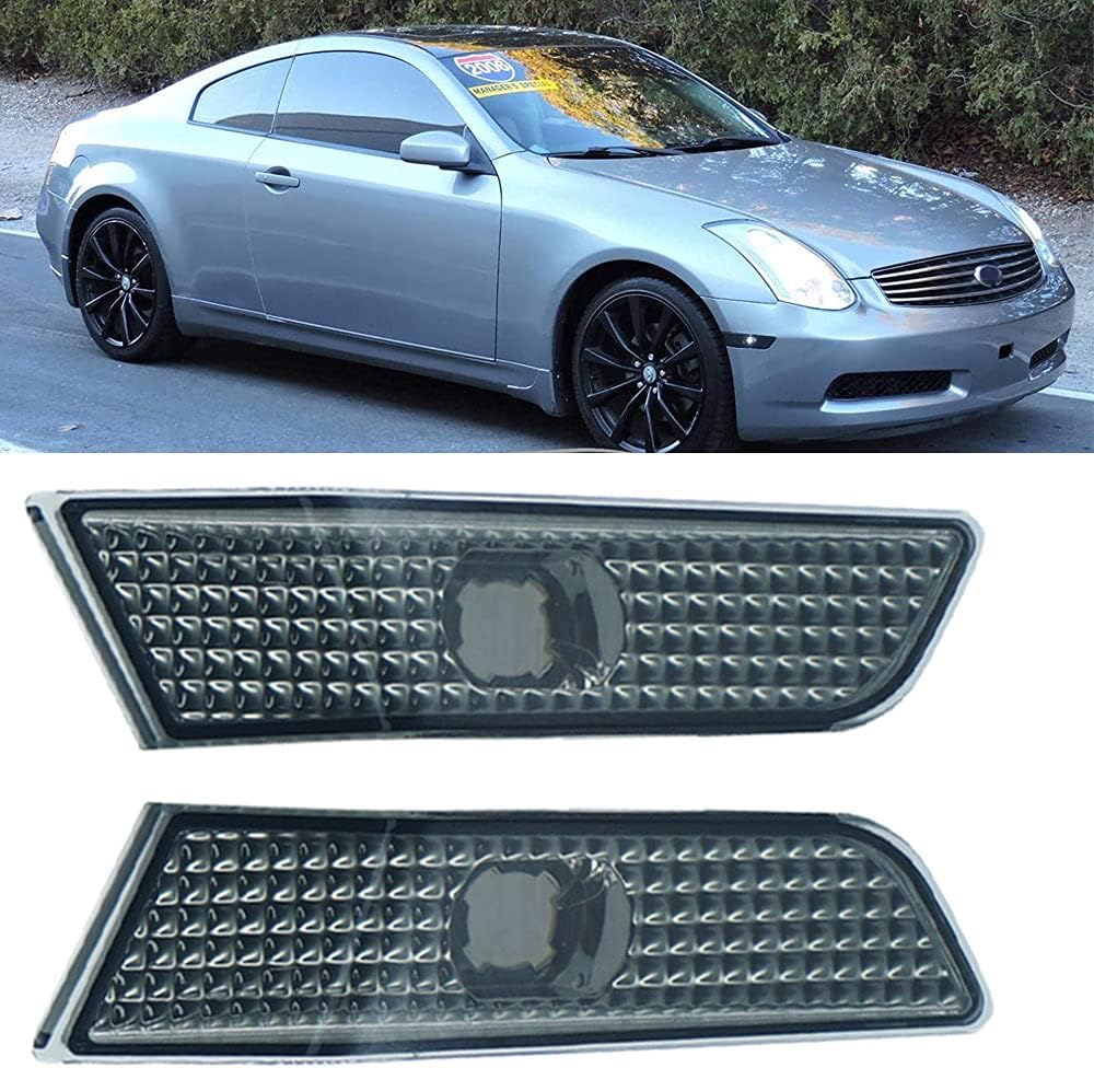 Side Marker Compatible With 2003 2004 2005 2006 2007 Infiniti G35 Coupe 2 Door Smoked Lens Housing Front Bumper Side Marker Lights