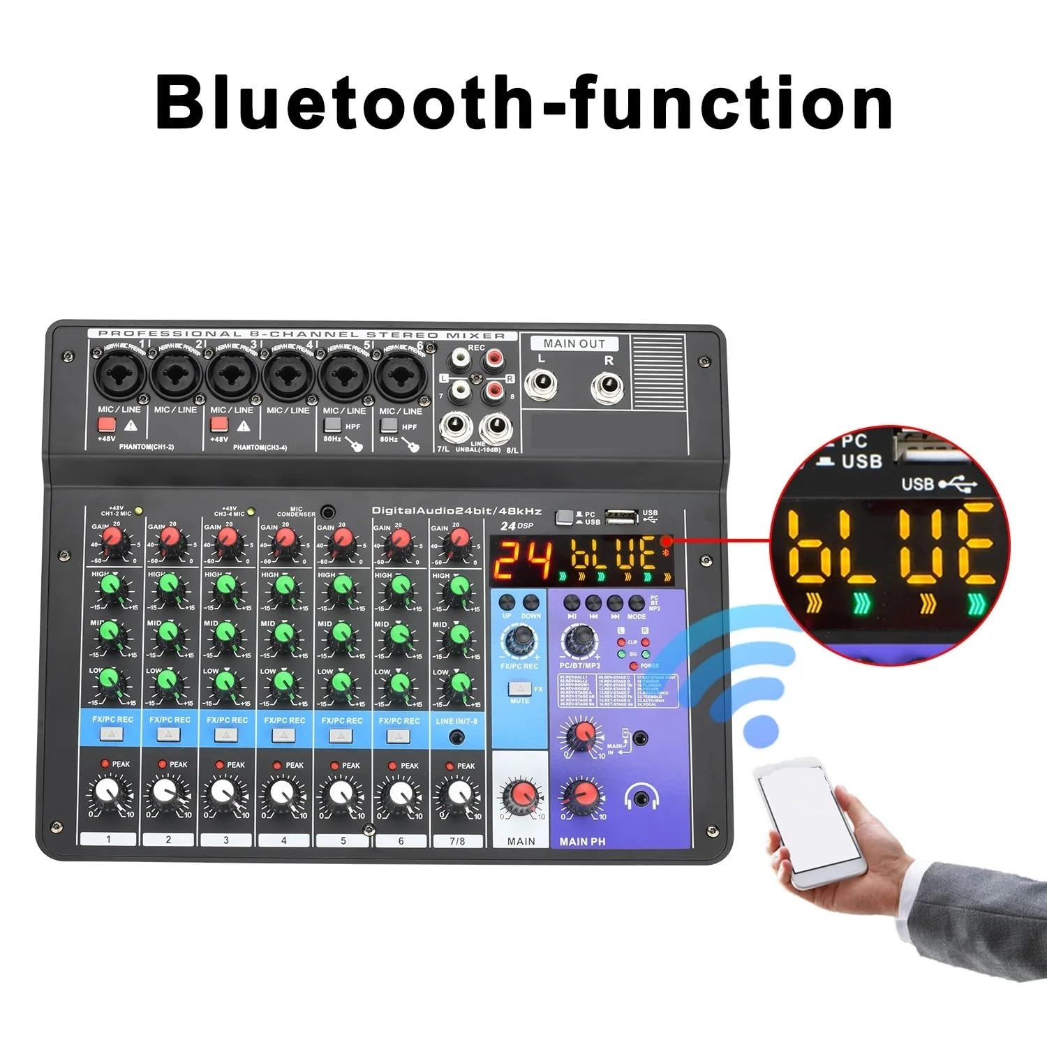 Mezclador de audio, Mesa de mezclas sonido for DJ 8 canales Mezclador efectos 24 DSP Bluetooth PC Grabación reproducción USB