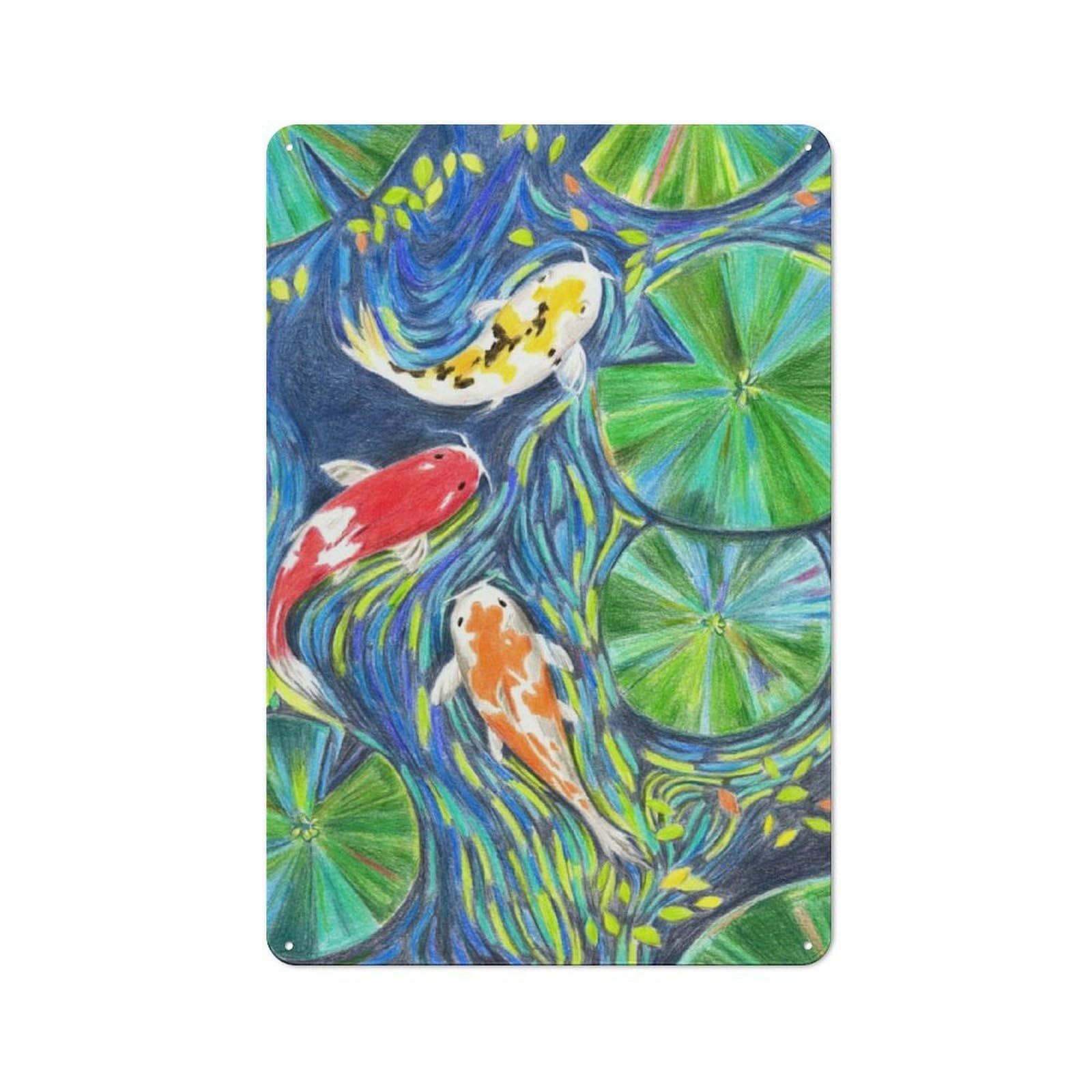 Junmoney Koi Fish Pond Watercolor Metal Sign 30X20cm With For Hallway Wall, Vintage Decor, For Garage, Workshop And Man Cave Decoration