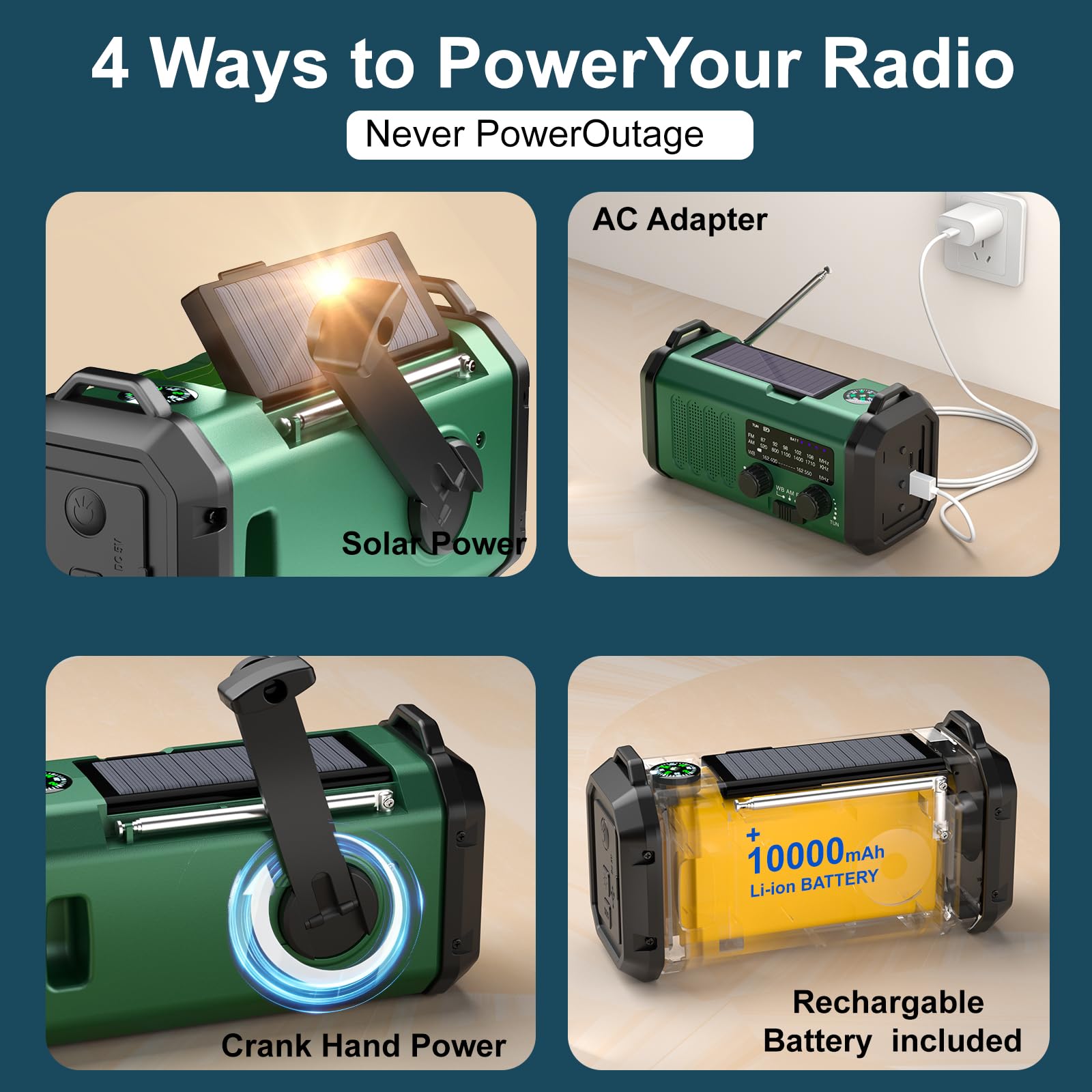 Leaton Notrufgerät mit Handkurbel, NOAA Wetterradio AM/FM, 10.000 mAh | Solar-Powerbank, wiederaufladbar, batteriebetrieben, USB-C-Ladegerät, Taschenlampe, SOS-Alarm, für Camping, Survival-Notfälle