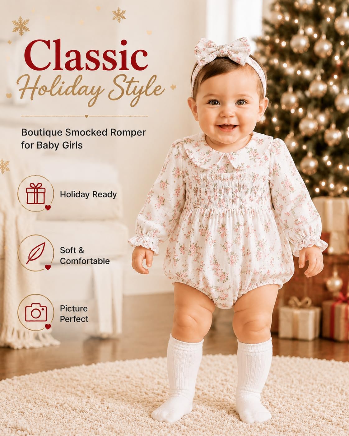 Renotemy Baby Girl Clothes Fall Winter Outfits Smocked Romper Preemie-18M image 2