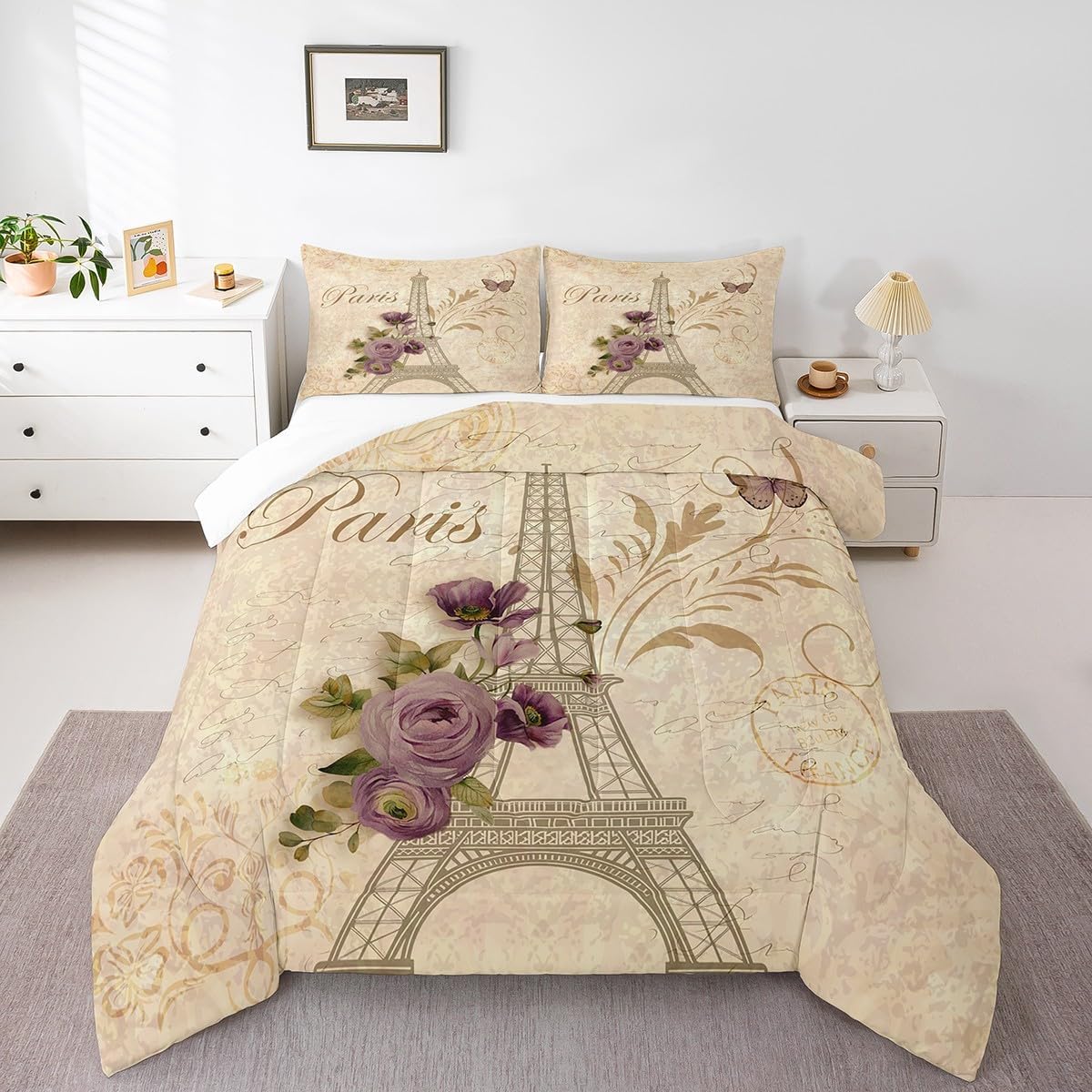 Homewish Eiffel Tower Full Size Comforter Set,Purple Rose Bedding Set for Adults Teens,Children Romantic Paris Comforter Luxury Retro Style Quilt Set Room Decor 3Pcs
