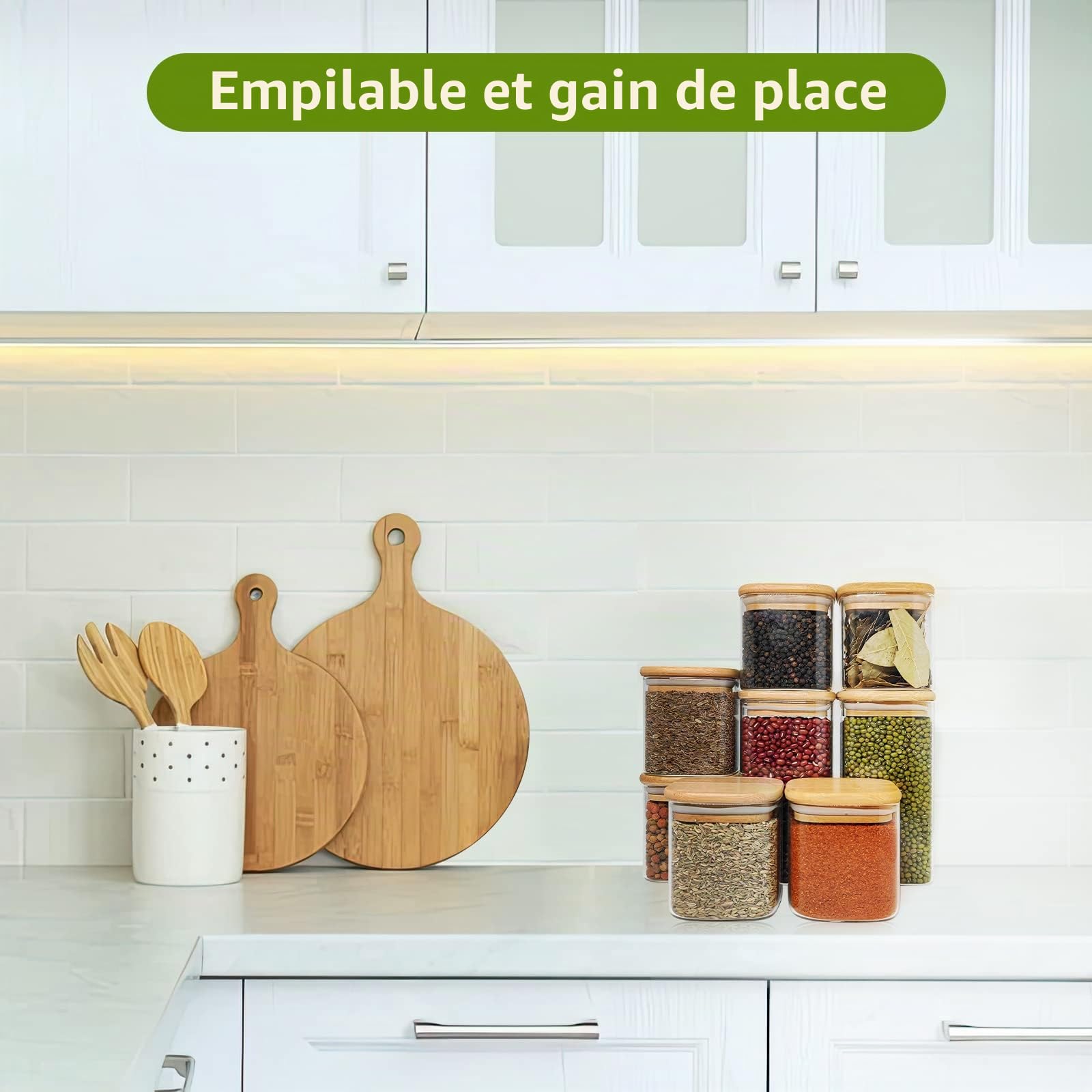 Withosent Lot de 12 bocaux de conservation carrés en verre avec couvercle en bois 430/600 ml avec couvercle