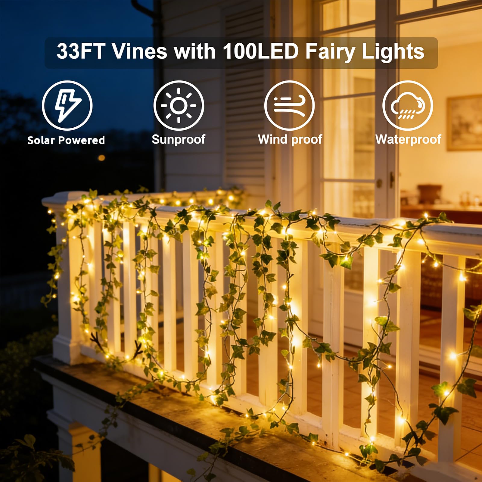 yowin Solarna girlanda świetlna 10 m, 100 diod LED, sztuczny bluszcz, 8 trybów, łańcuch świetlny ze sztucznymi liśćmi, IP65, wodoodporna, do ogrodu, na taras, balkon, Boże Narodzenie, wesele