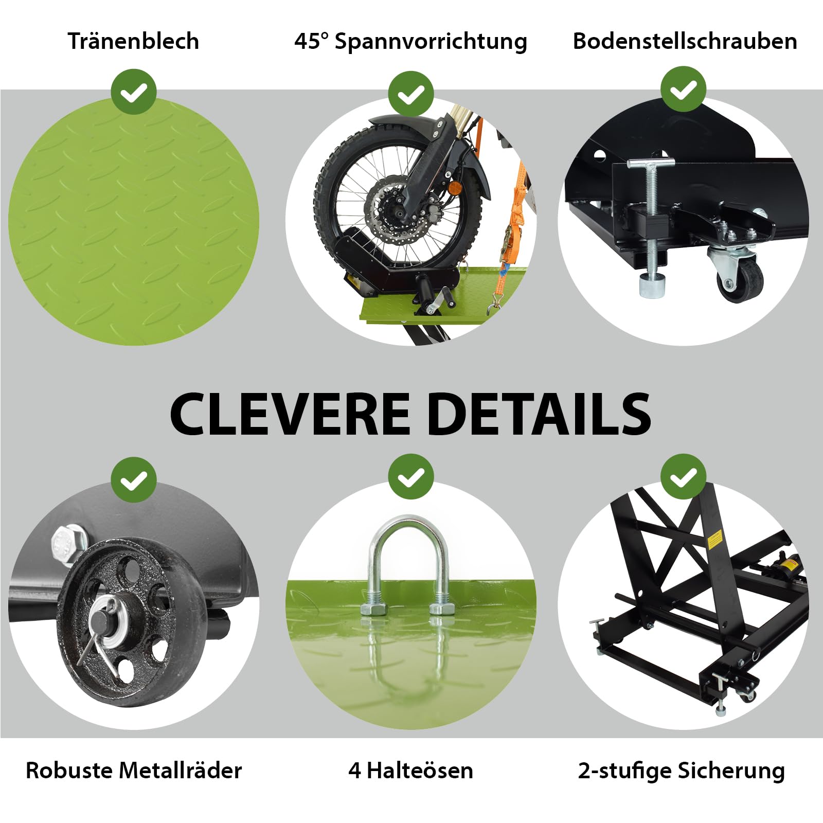 TRUTZHOLM Motorradhebebühne hydraulisch Tragkraft 450 kg Motorradheber Extra-Breit 68 cm Hubbereich 20-84 cm abnehmbare Auffahrrampe 4 Halteösen 45° Vorderradklemmung Parallelheber Hebebühne (Grün)