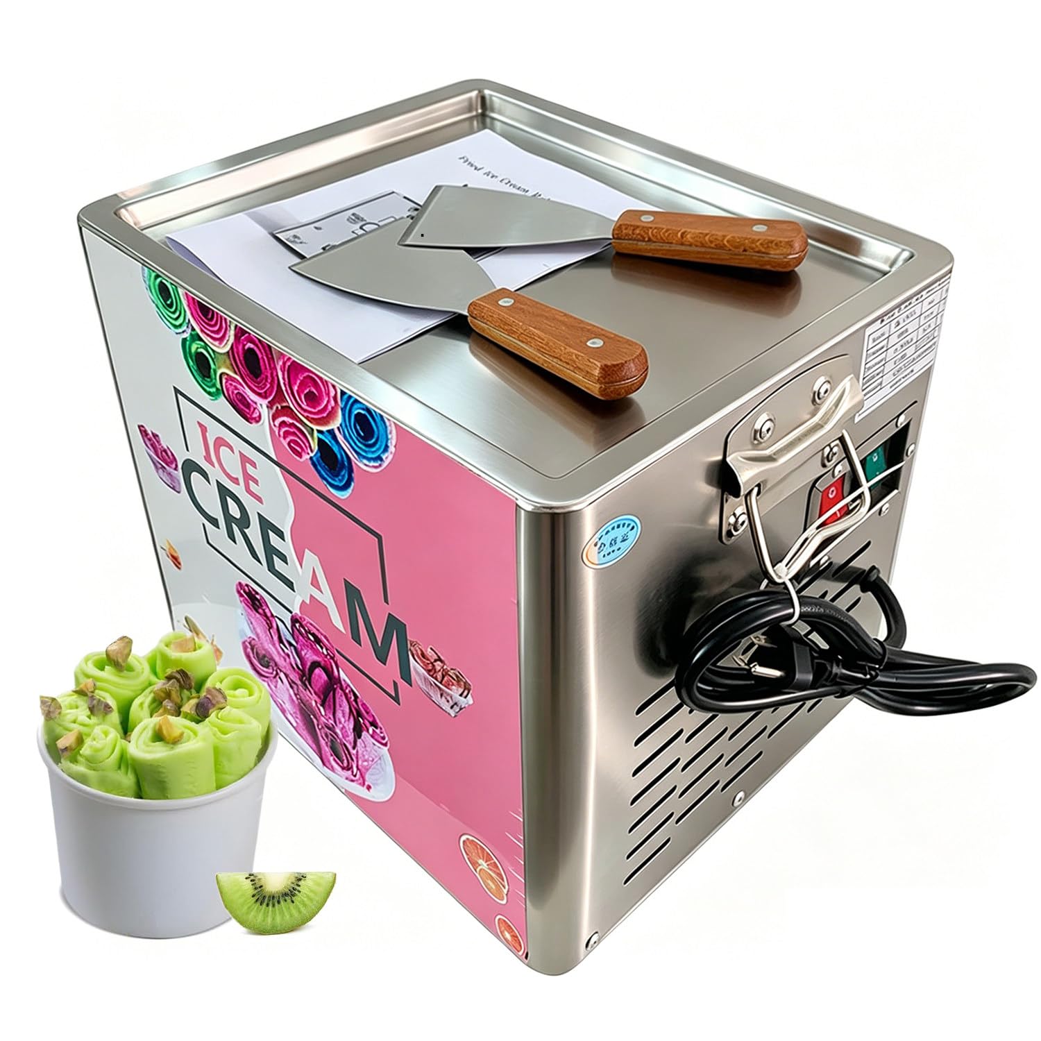 Fablestoryem Homemade Fried Ice Cream Roll Maker, Electric Stir-Fry Yogurt Machine with 30x24cm Stir-Fried Ice Pan and 2 Scrapers, Stainless Steel, for Family DIY Frozen-Desserts & Summer Fun