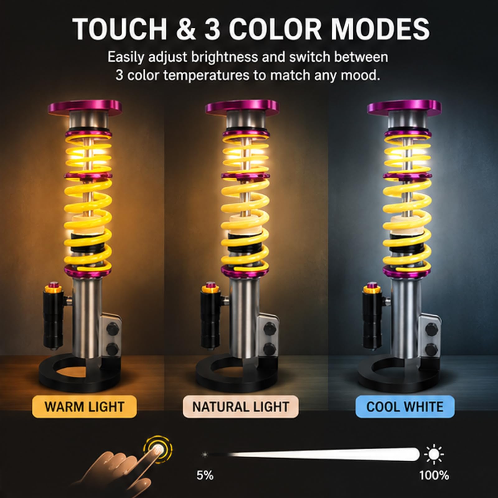 Lampada da tavolo con ammortizzatore stampato in 3D, luce notturna a LED in stile industriale, regolabile al tocco con 3 colori chiari, luci ambientali per sala giochi fai-da-te, per gli amanti del ga