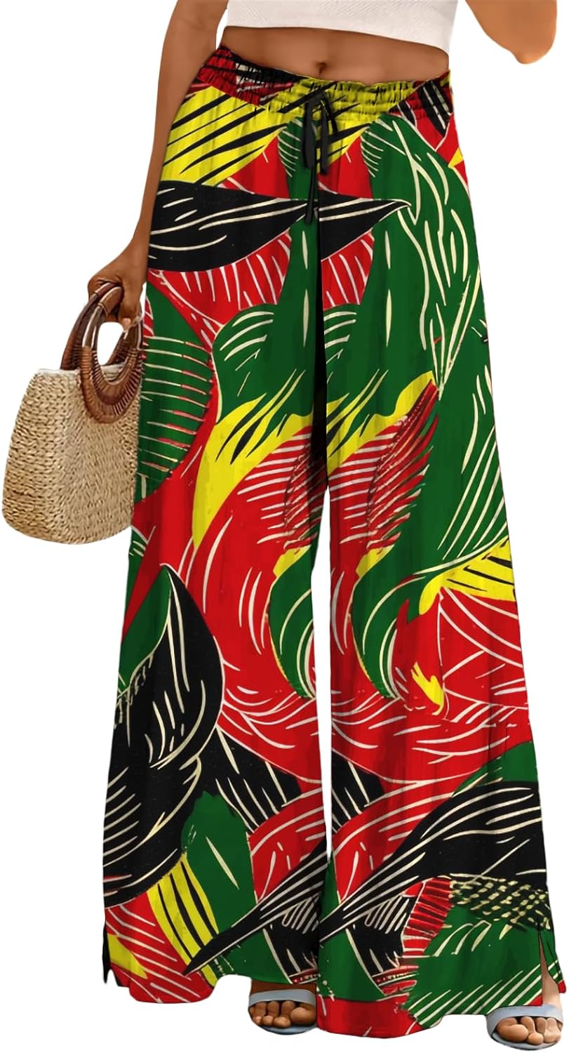 Women Casual Pants Loose Fit Wide Leg High Waist Palazzo Pants Boho Floral Summer Lounge Trousers