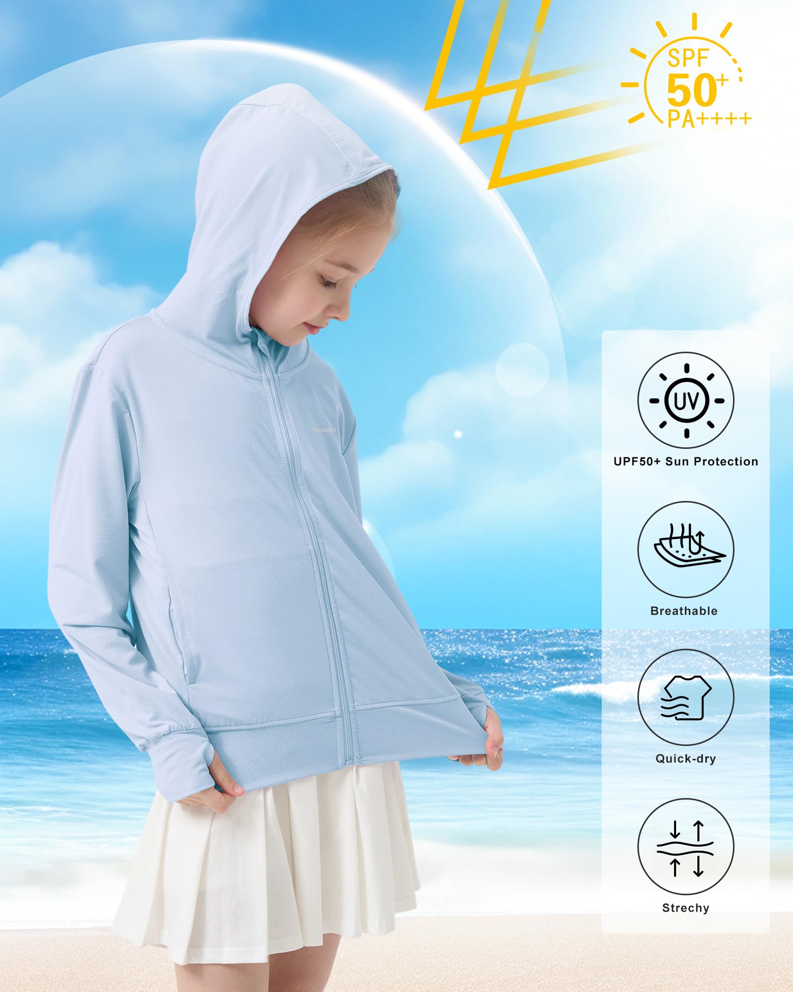 Rolanko Chaqueta de Verano para Niñas Agujeros para los Pulgares Manga Larga Protección Solar Secado Rápido Sudadera con Capucha y Cremallera Tops para Niños