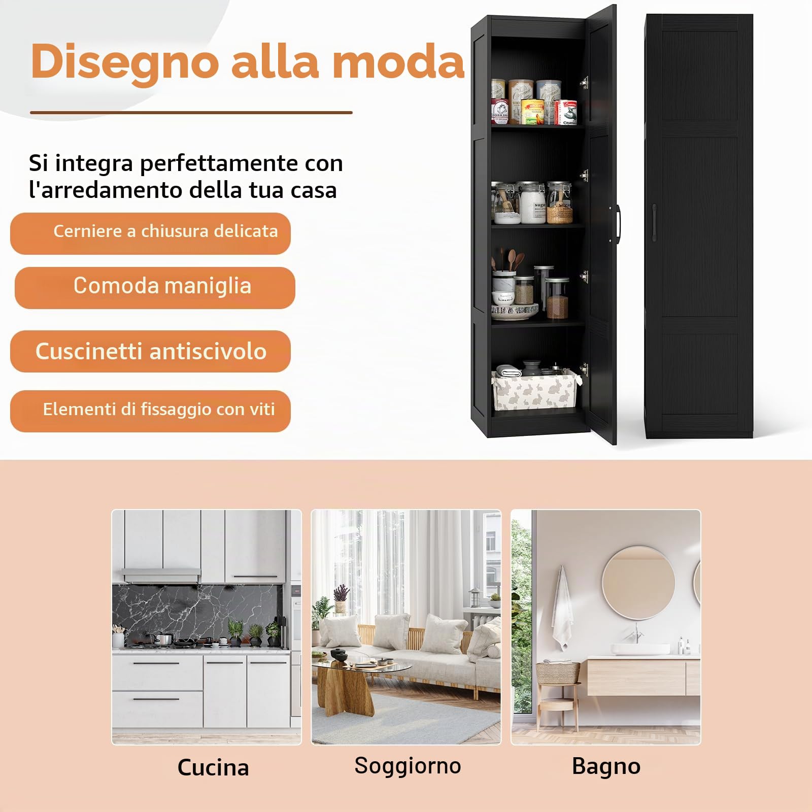 KOMFOTTEU Credenza da Cucina con Manico in Metallo, Armadio a Buffet Antiribaltamento, Mobile da Bagno Stretto a 4 Ripiani, per Sala da Pranzo, Soggiorno, 37,5 x 40 x 150 cm (Nero)