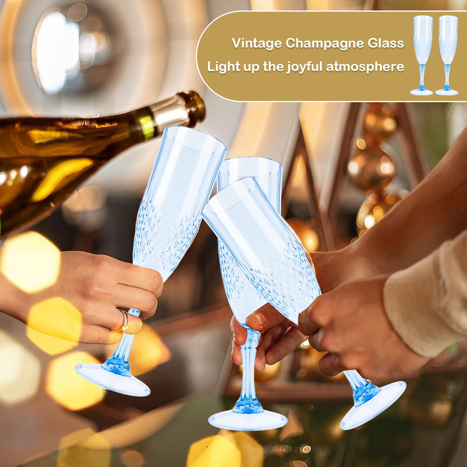12 copas de champán de plástico con fondo plano, reutilizables, para bodas, aniversarios, cumpleaños, despedidas de soltera, copas de vino o cóctel, regalo (azul)