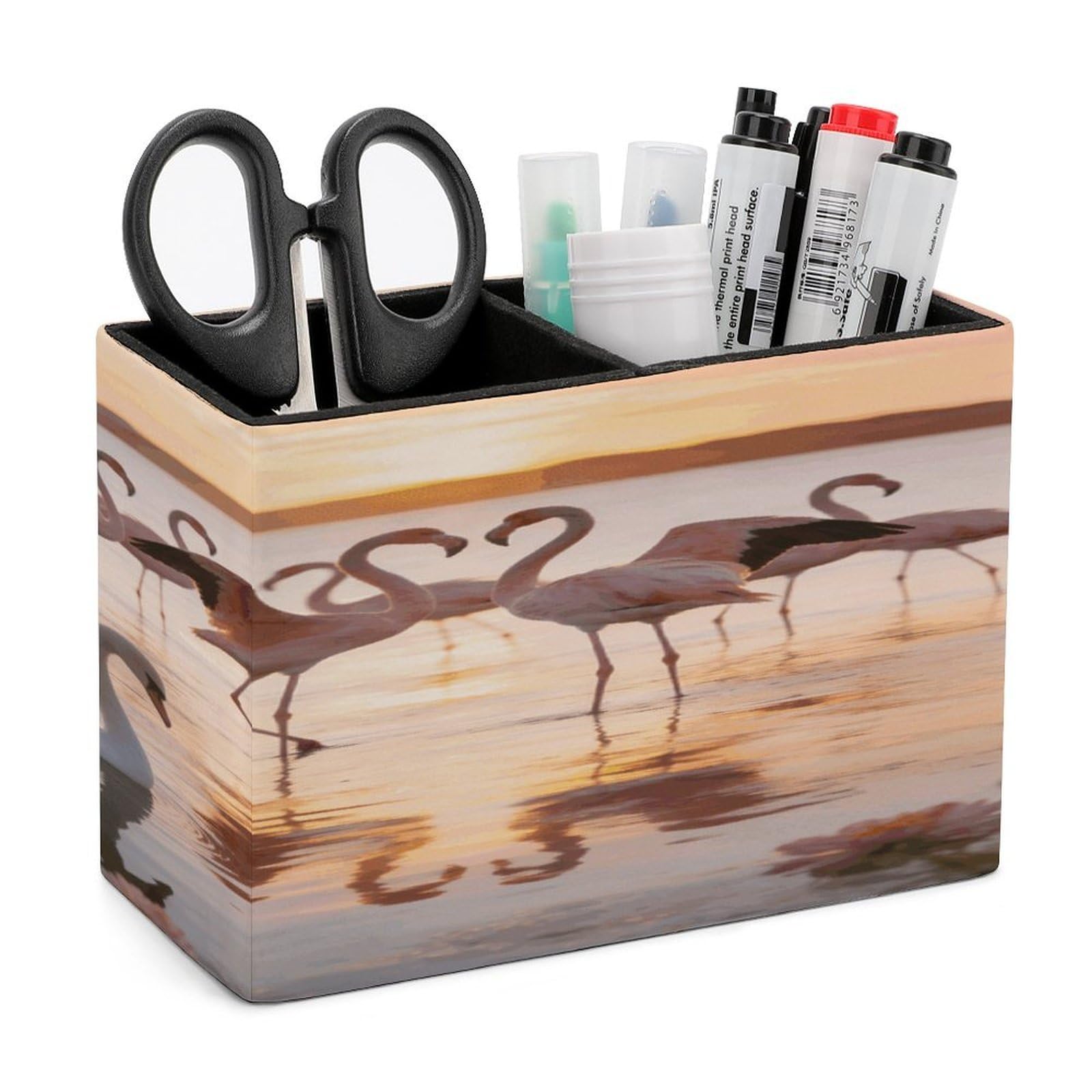 LZQPOEAS Flamingos Pen Holder Double Compartments Pen Cup Makeup Brush Holders Leather Pencil Holder Locker Organizer for Work Locker Accessories Modern Pencil Cup for Desk