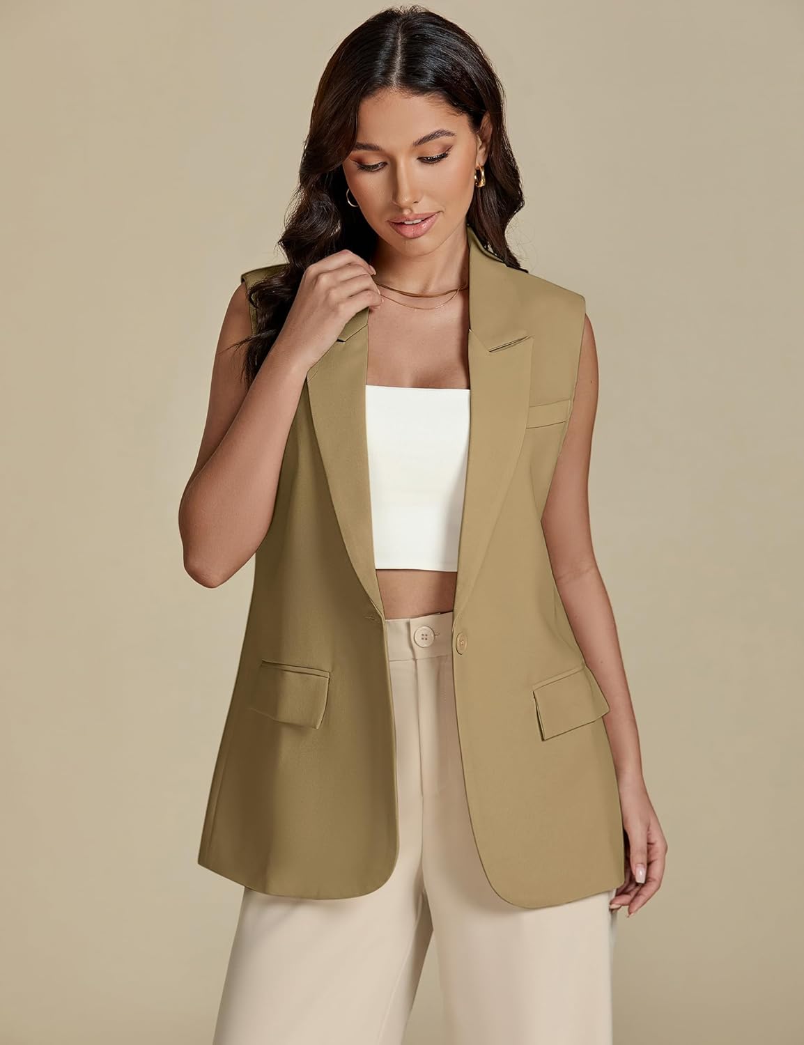 luvamia Long Vest for Women 2025 Summer Business Casual Sleeveless Open Front Blazers Suit Vests Top Pockets Work Office - Image 8