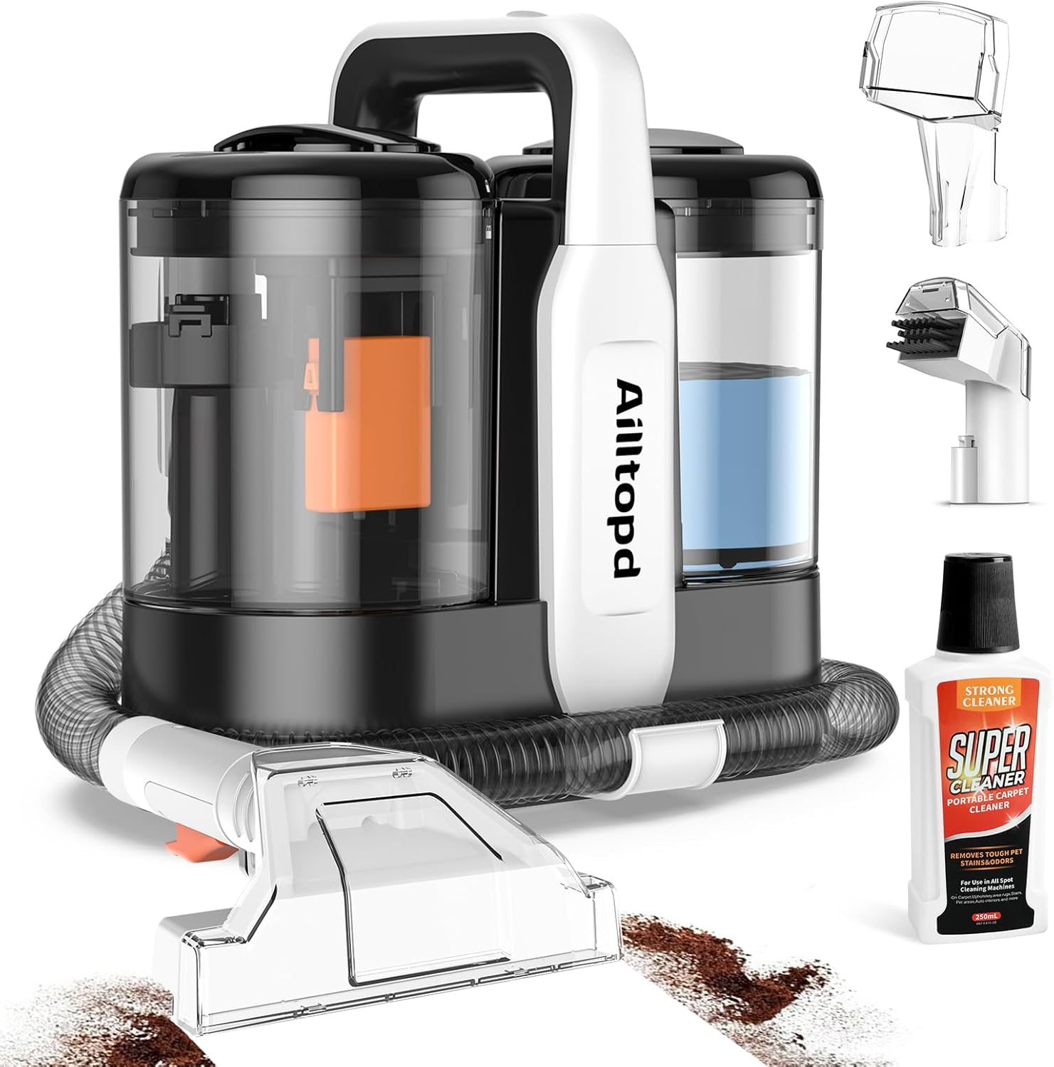 Portable Carpet & Upholstery Cleaner Machine, 15Kpa Powerful Suction & Deep Cleaning Cleaner Machine for Couch, Rugs, Carpet, Car, Pet, Furniture Cleaner with 2 Brushheads and Cleaner Solution