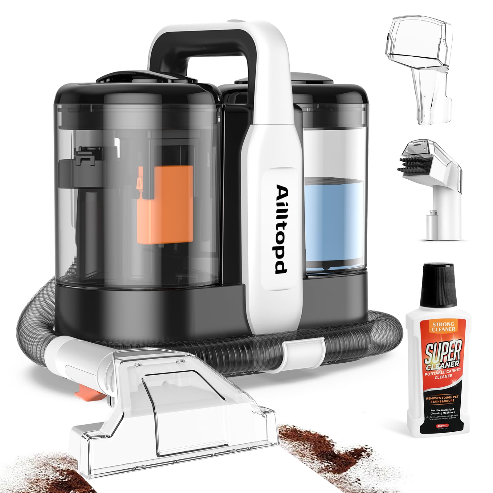 Portable Carpet & Upholstery Cleaner Machine - 15Kpa Deep Cleaning for Pets, Rug, Couch & Car, Carpet Cleaners Machines with 2 Size BrushHeads & Self-Cleaning System, Spot Cleaner for Stairs/Furniture