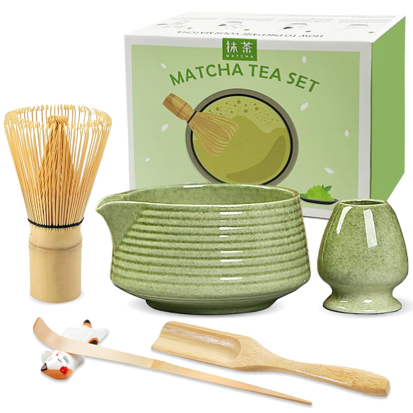 JBER Matcha Besen Set, Matcha Set - Bambus Matcha Besen, Besen Halter, Matcha Schale mit Auslauf, Matcha Löffel und Halter, Japanisches Matcha Tee Set 6-Teiliges für Matcha-Liebhaber, Klassisches Grün