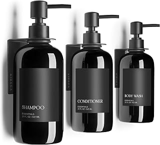 KIBAGA Drill-Free Wall Mount Shampoo & Conditioner Dispenser Set of 3 - 21oz Refillable Shower Soap Bottles with Labels for Stylish Bathroom Upgrade